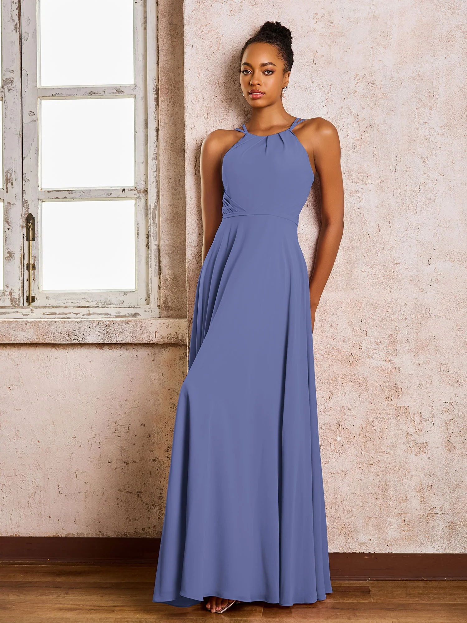 Chiffon Halshalter Bodenlang Brautjungfernkleider Periwinkleblau - Image 3