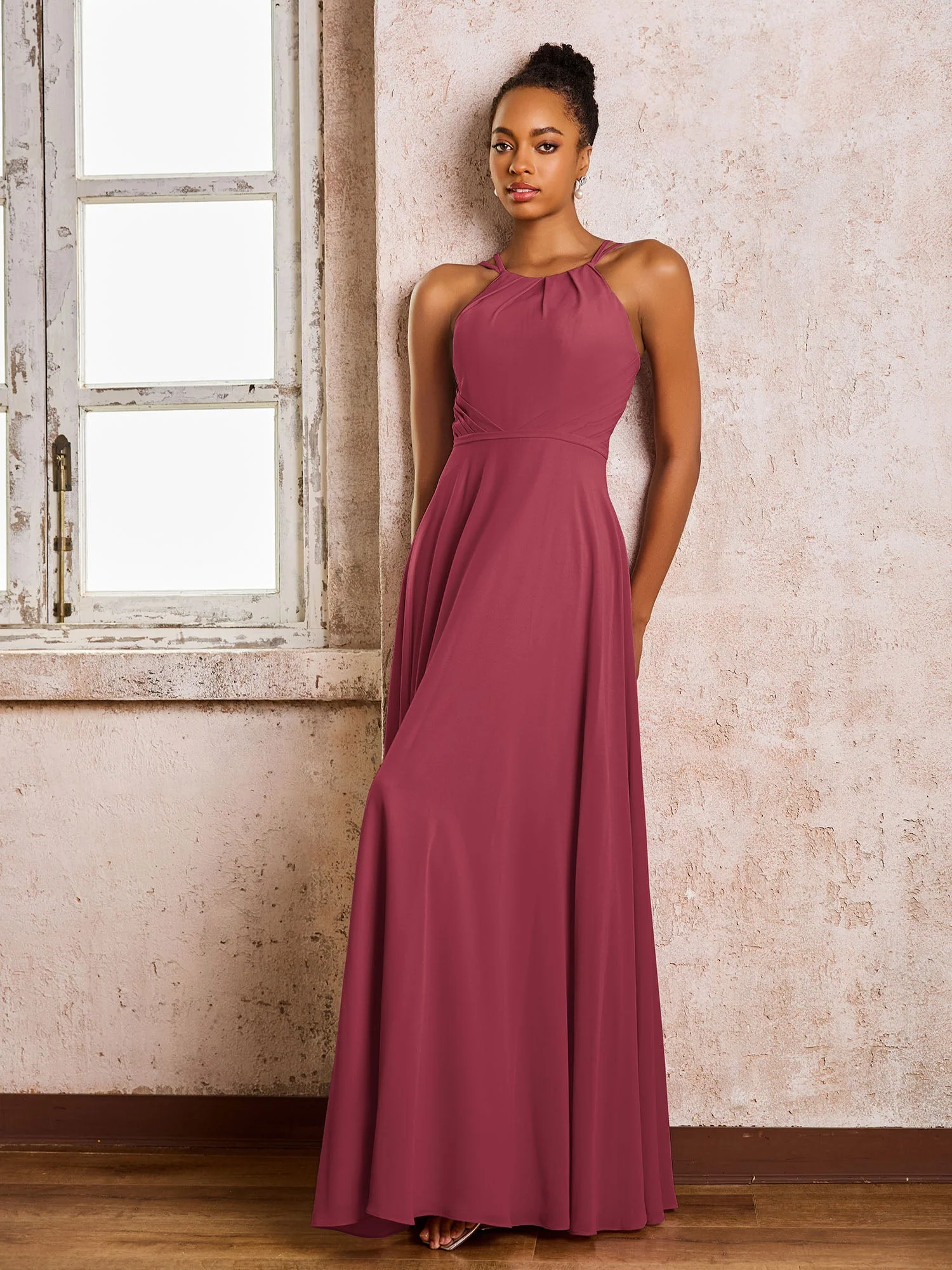 Chiffon Halshalter Bodenlang Brautjungfernkleider Zimtrose - Image 3