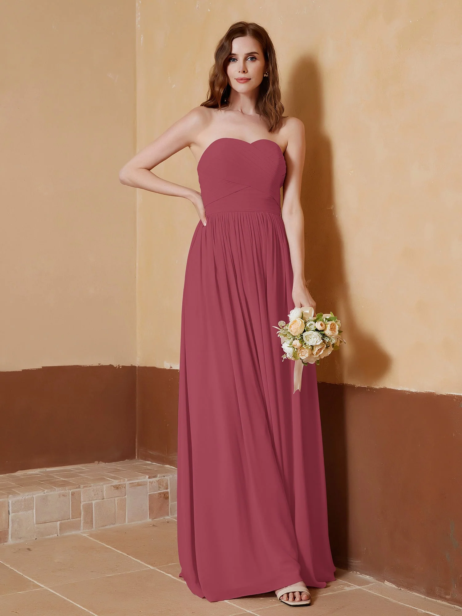 Chiffon lange trägerloser Ausschnitt Kleid für Bridemsids Zimtrose