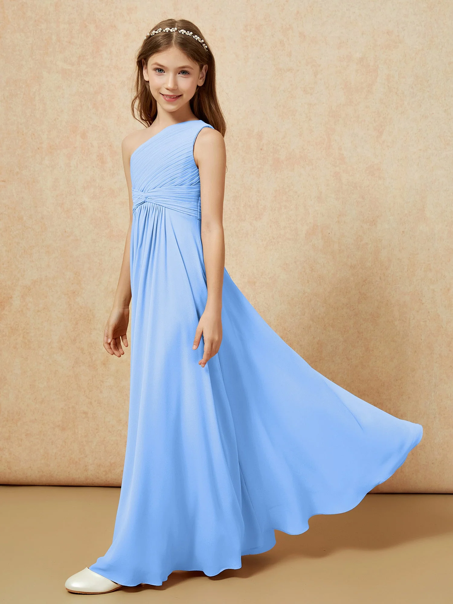 Chiffon Plissee Junge Brautjungfernkleid mit Schulterteil Blau - Image 3