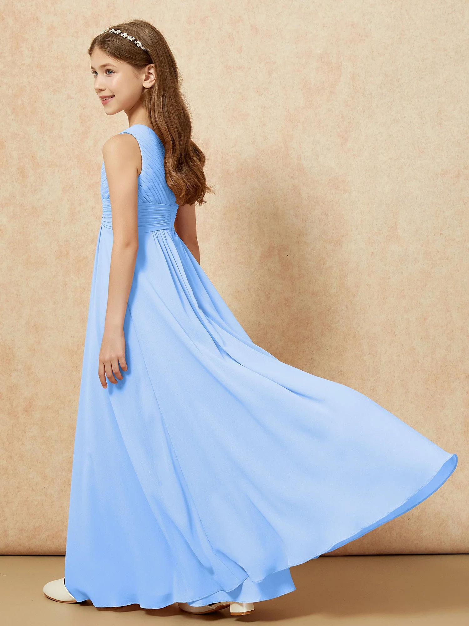 Chiffon Plissee Junge Brautjungfernkleid mit Schulterteil Blau - Image 6