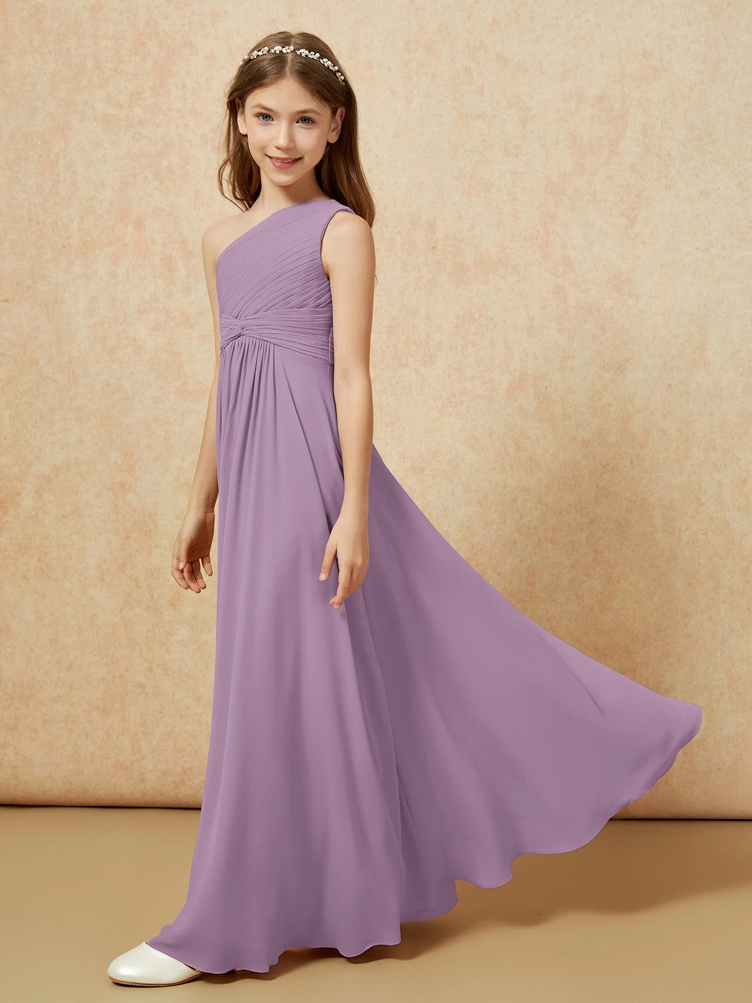 Chiffon Plissee Junge Brautjungfernkleid mit Schulterteil Blauregen - Image 3