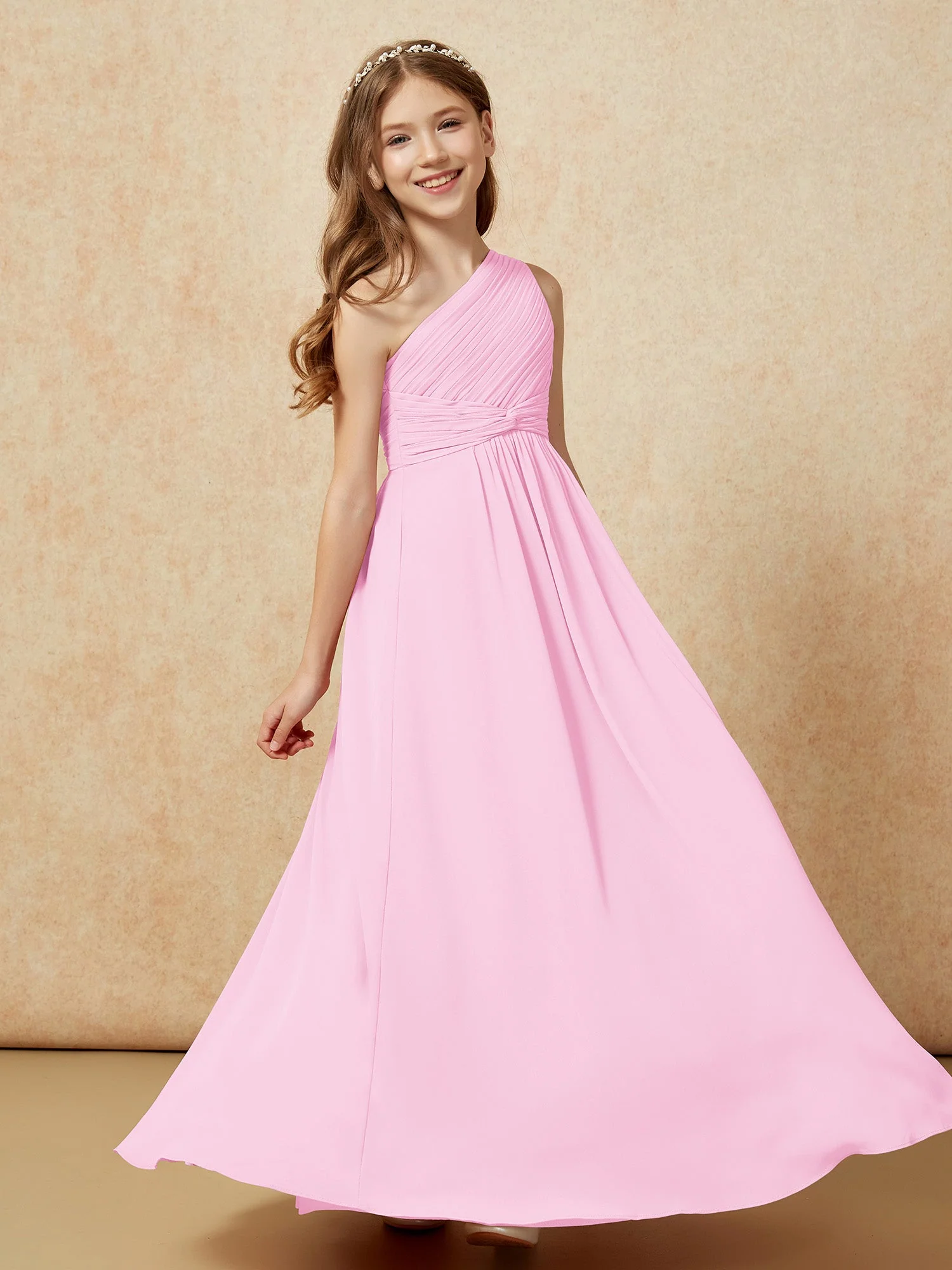 Chiffon Plissee Junge Brautjungfernkleid mit Schulterteil Bonbonrosa - Image 5