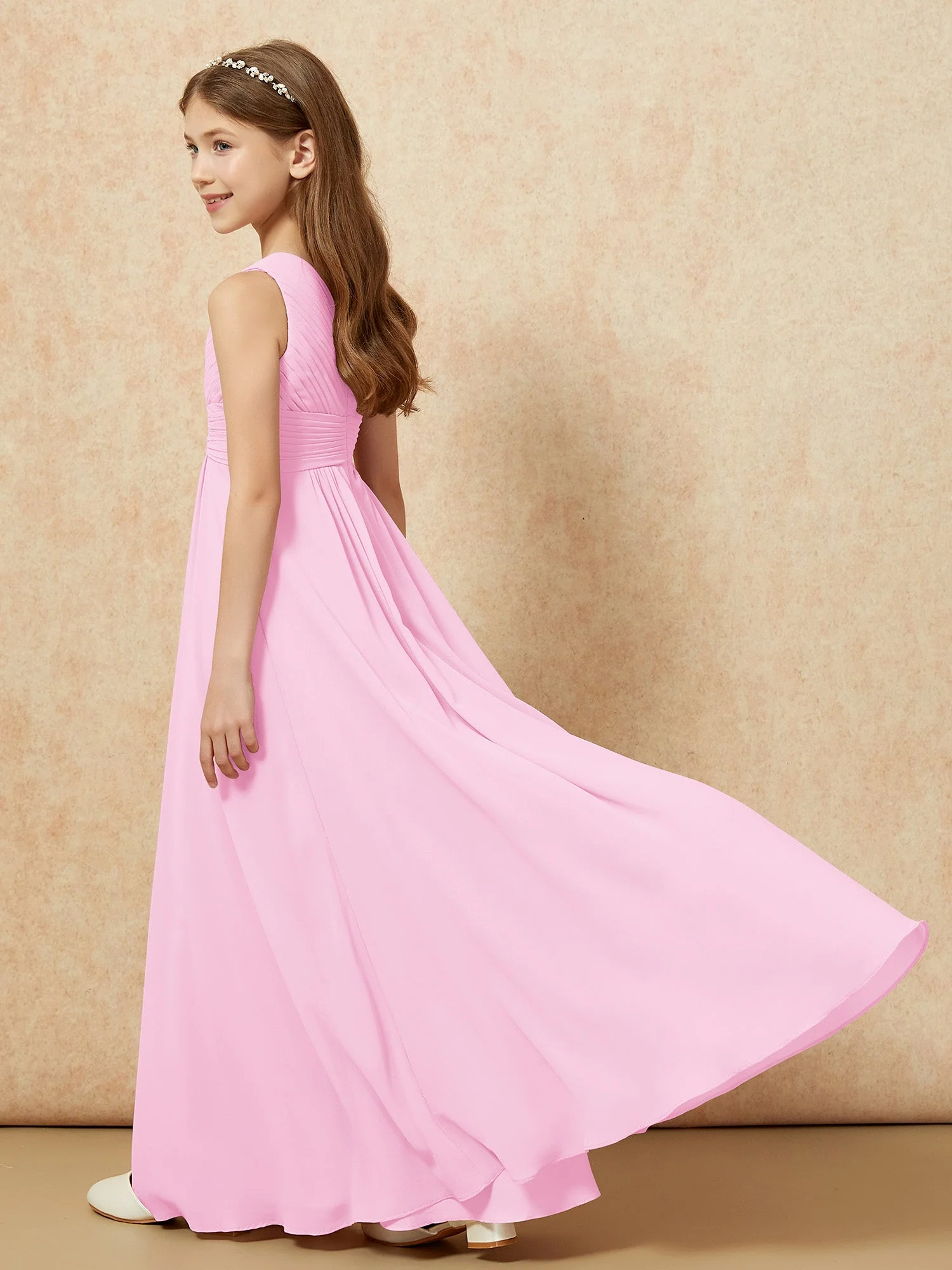 Chiffon Plissee Junge Brautjungfernkleid mit Schulterteil Bonbonrosa - Image 6