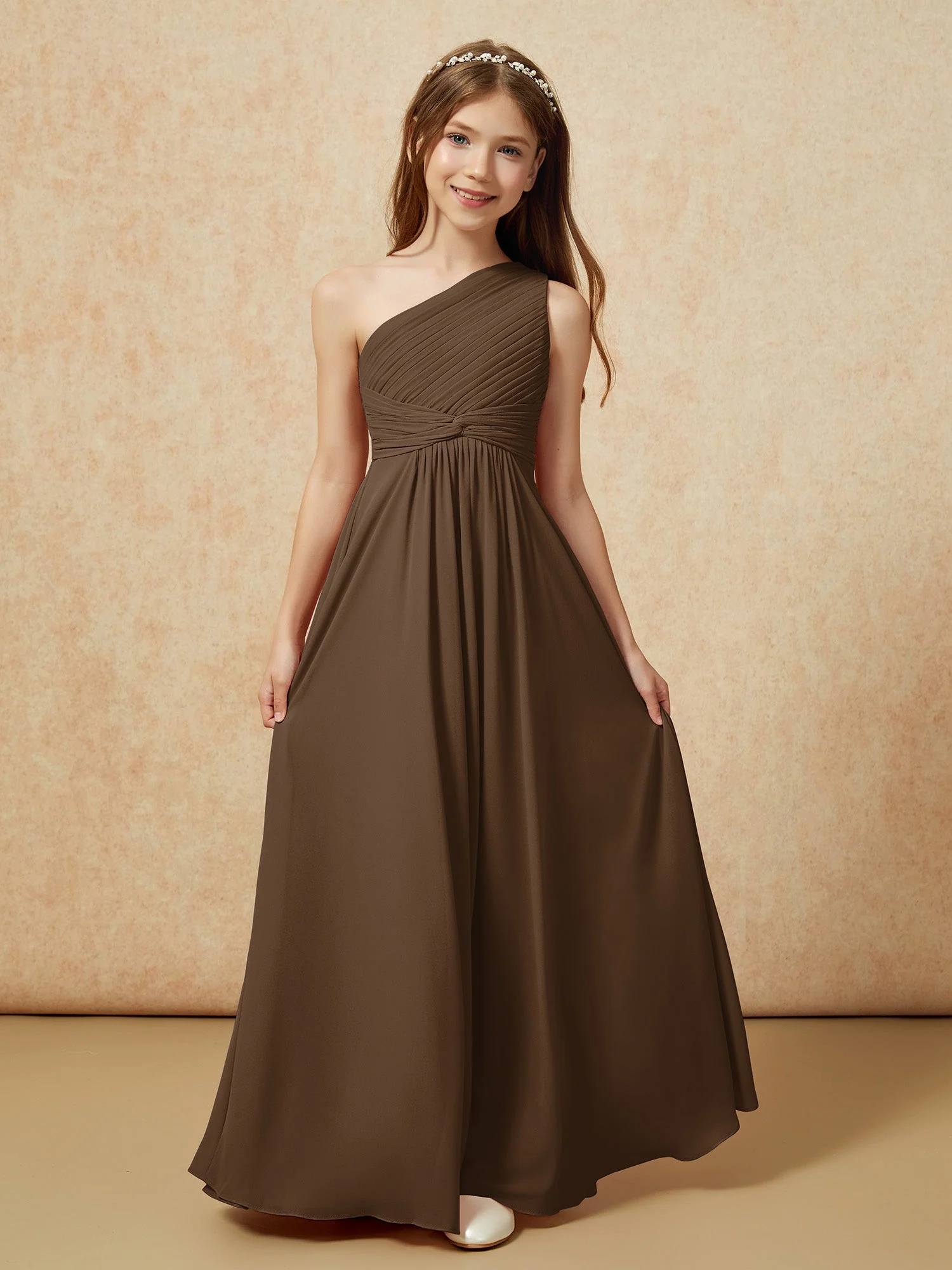 Chiffon Plissee Junge Brautjungfernkleid mit Schulterteil Braun - Image 4