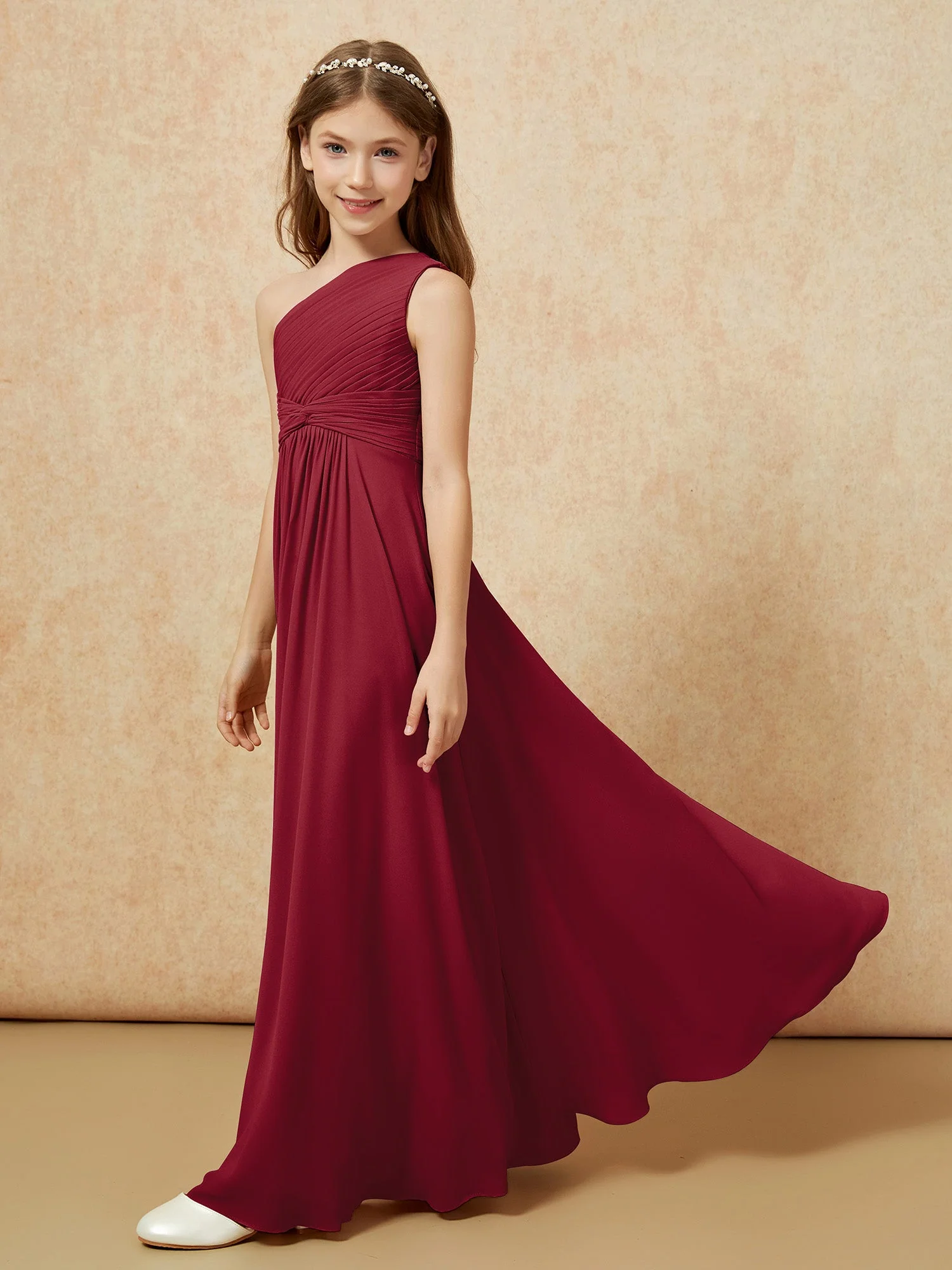 Chiffon Plissee Junge Brautjungfernkleid mit Schulterteil Burgunderrot - Image 3
