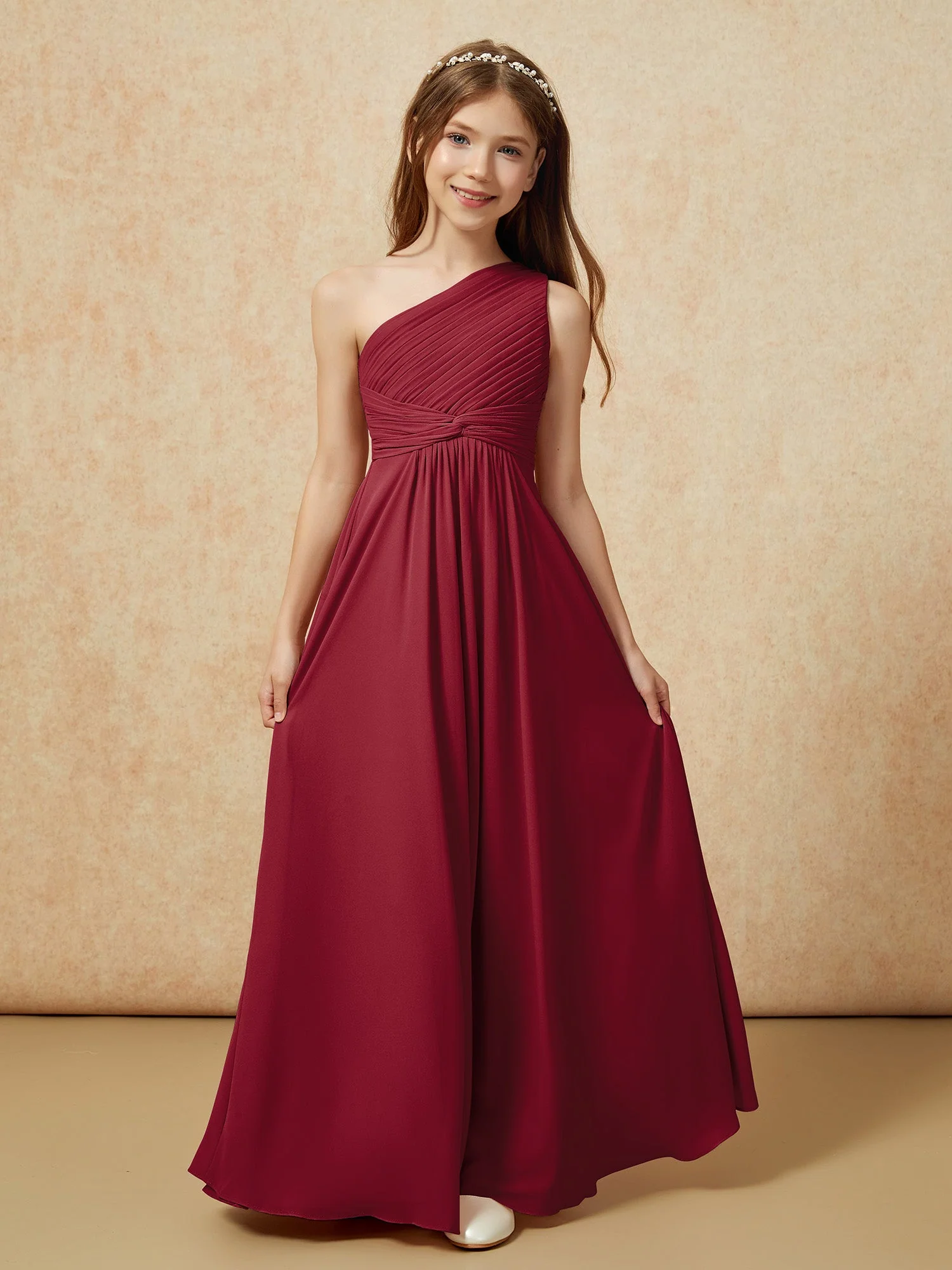 Chiffon Plissee Junge Brautjungfernkleid mit Schulterteil Burgunderrot - Image 4