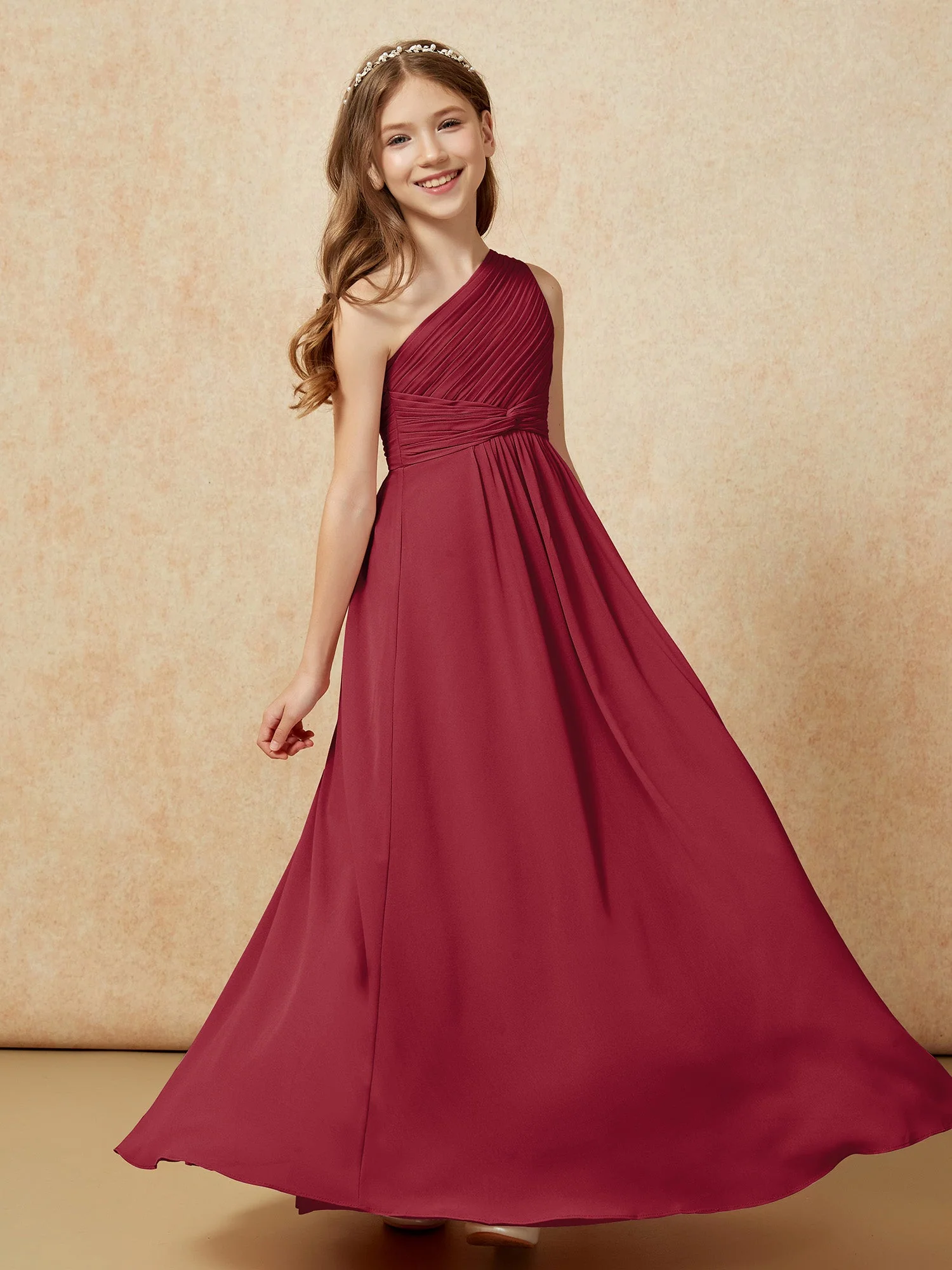 Chiffon Plissee Junge Brautjungfernkleid mit Schulterteil Burgunderrot - Image 5