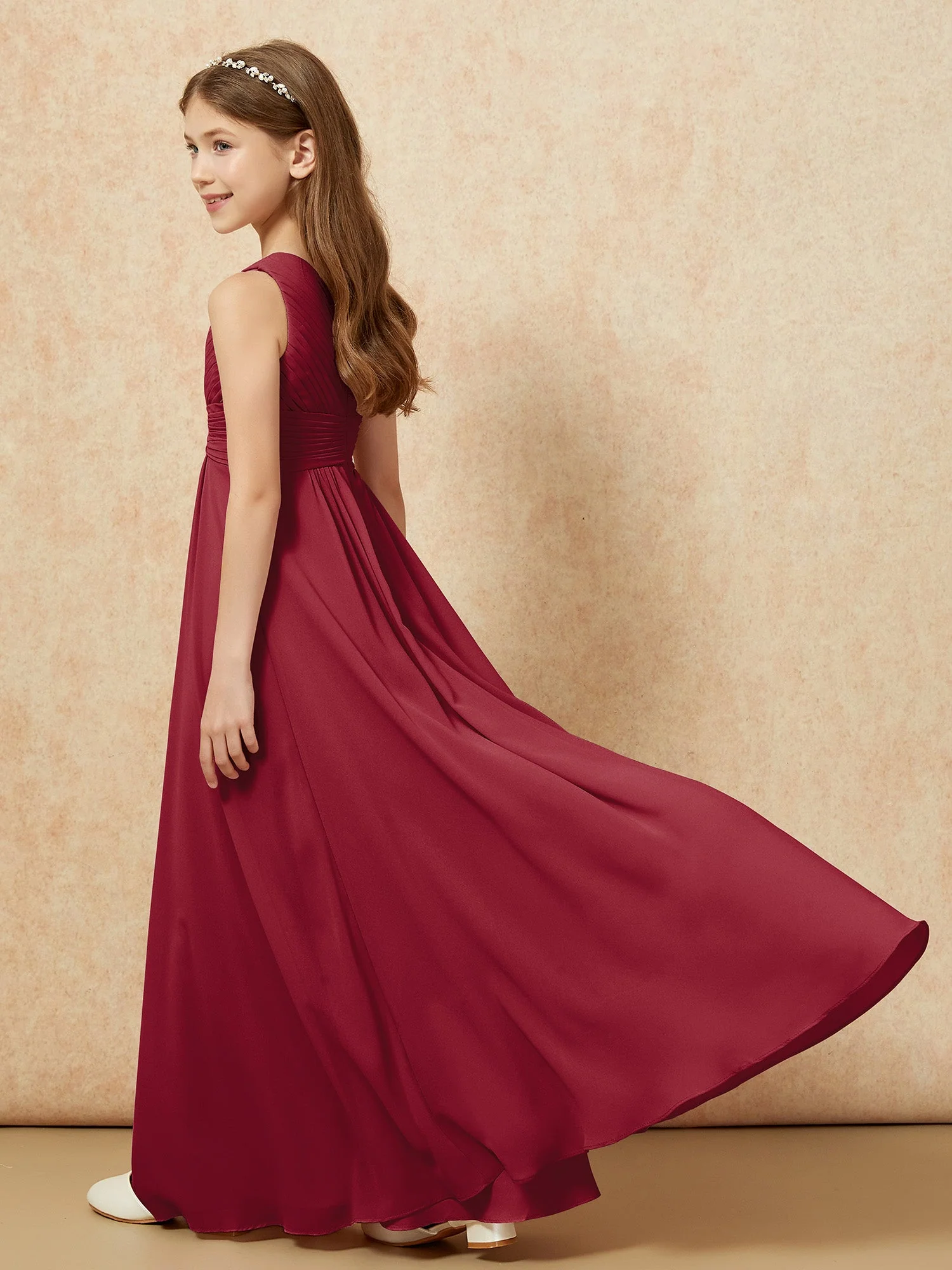 Chiffon Plissee Junge Brautjungfernkleid mit Schulterteil Burgunderrot - Image 6