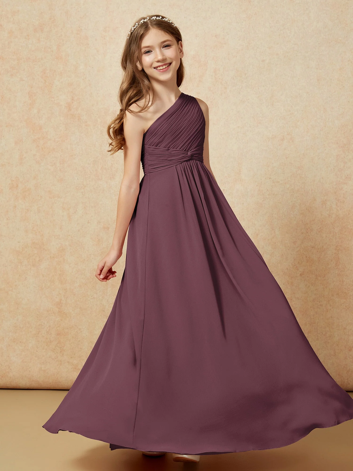 Chiffon Plissee Junge Brautjungfernkleid mit Schulterteil Cabernet - Image 5
