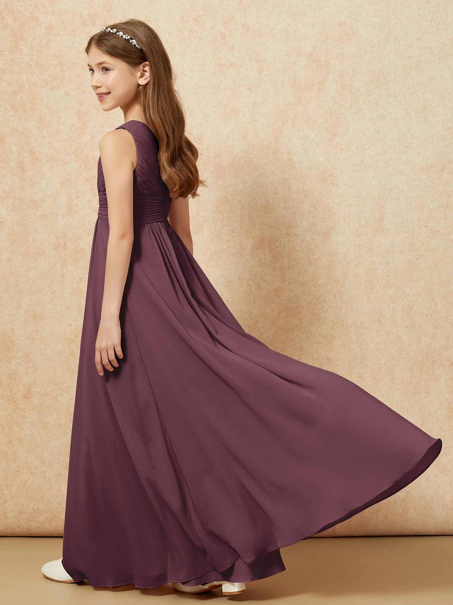 Chiffon Plissee Junge Brautjungfernkleid mit Schulterteil Cabernet - Image 6