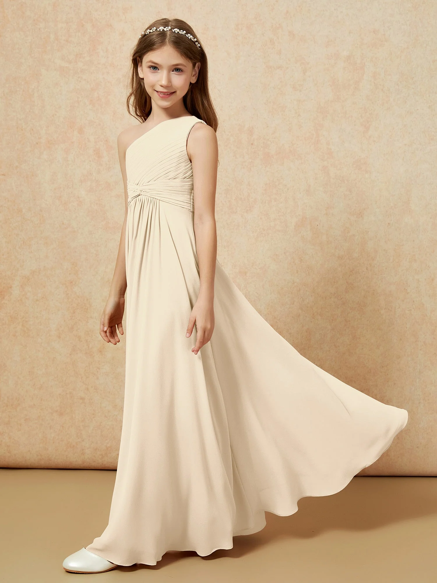Chiffon Plissee Junge Brautjungfernkleid mit Schulterteil Champagner - Image 3