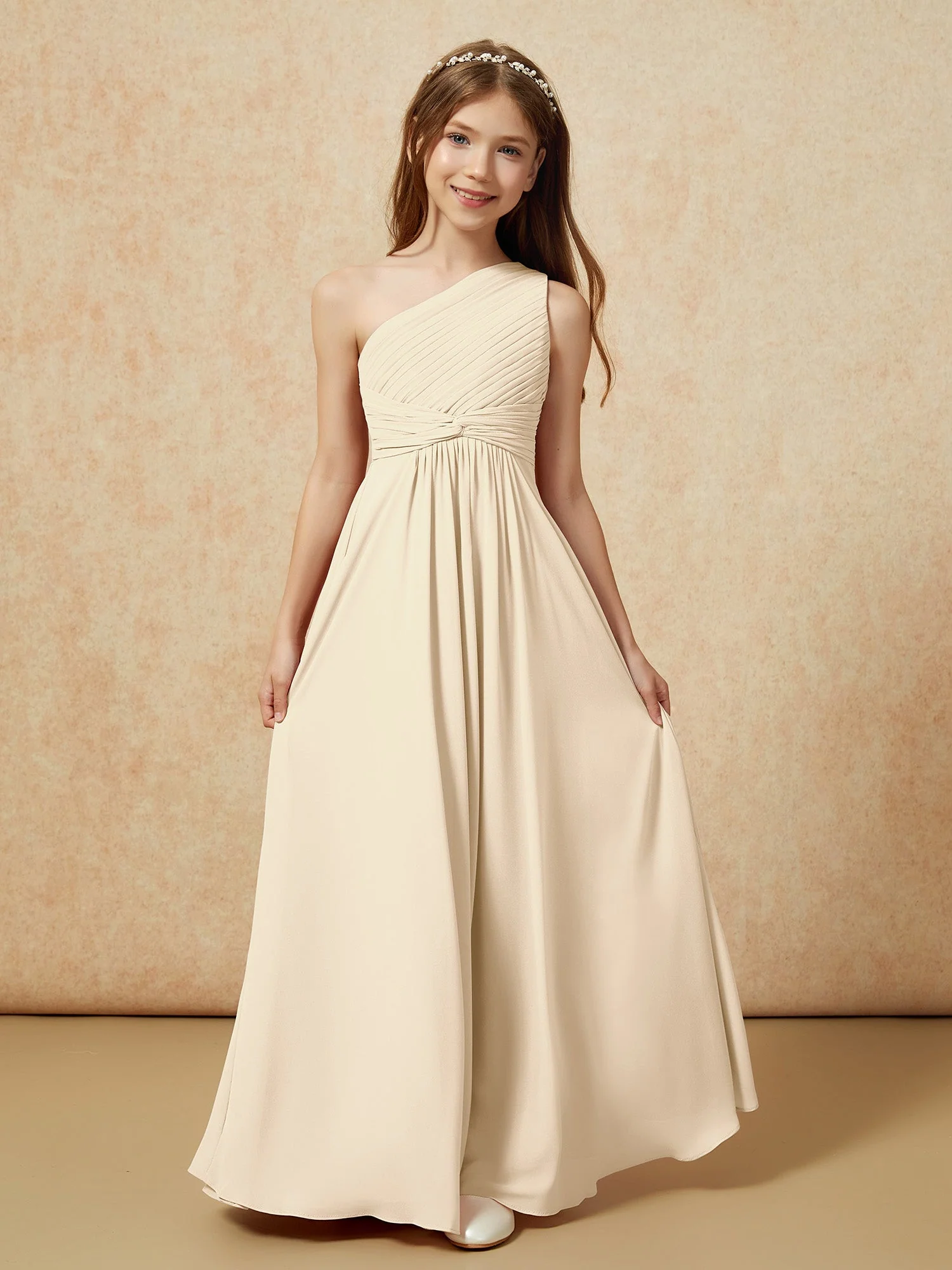 Chiffon Plissee Junge Brautjungfernkleid mit Schulterteil Champagner - Image 4