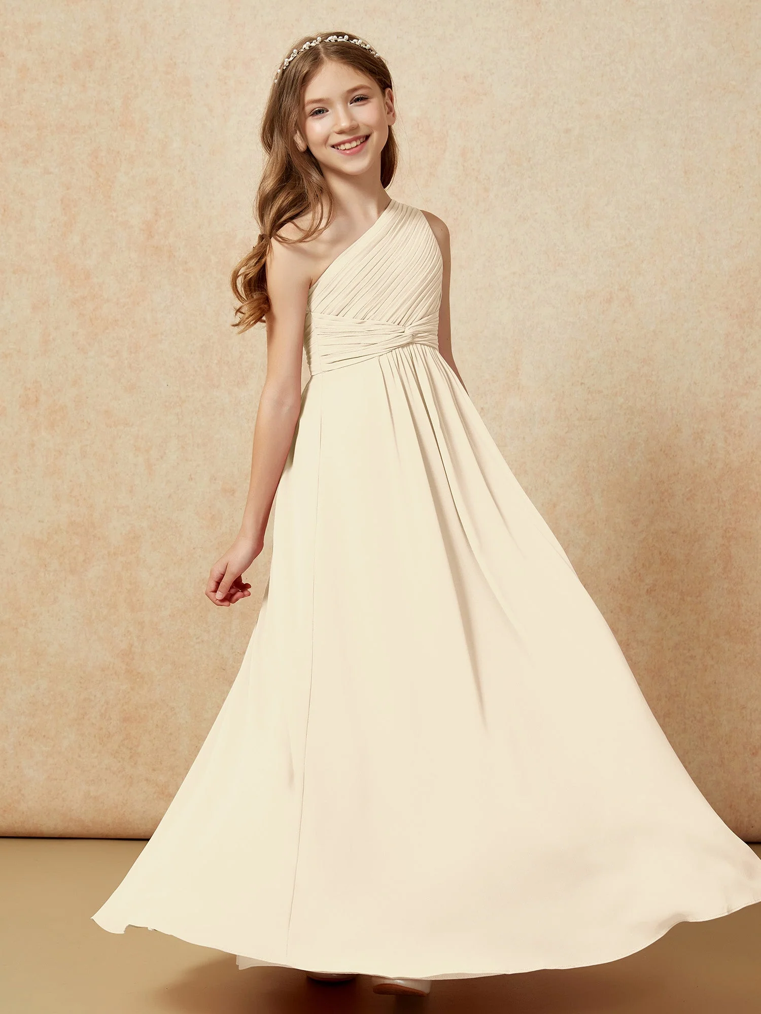 Chiffon Plissee Junge Brautjungfernkleid mit Schulterteil Champagner - Image 5