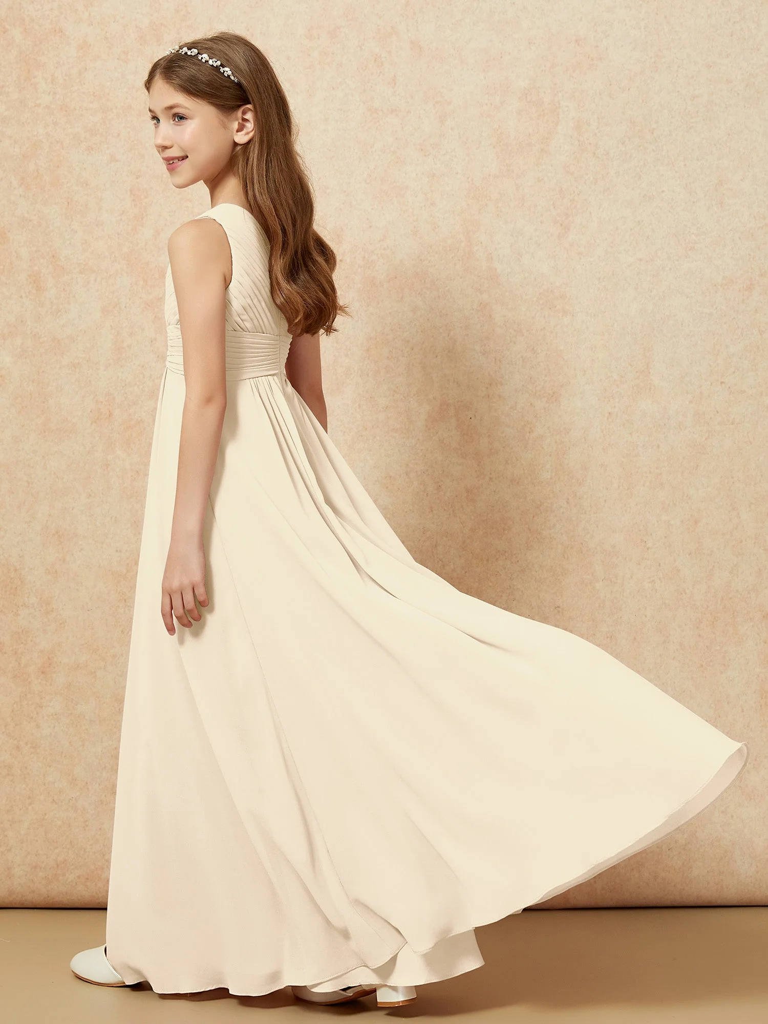 Chiffon Plissee Junge Brautjungfernkleid mit Schulterteil Champagner - Image 6