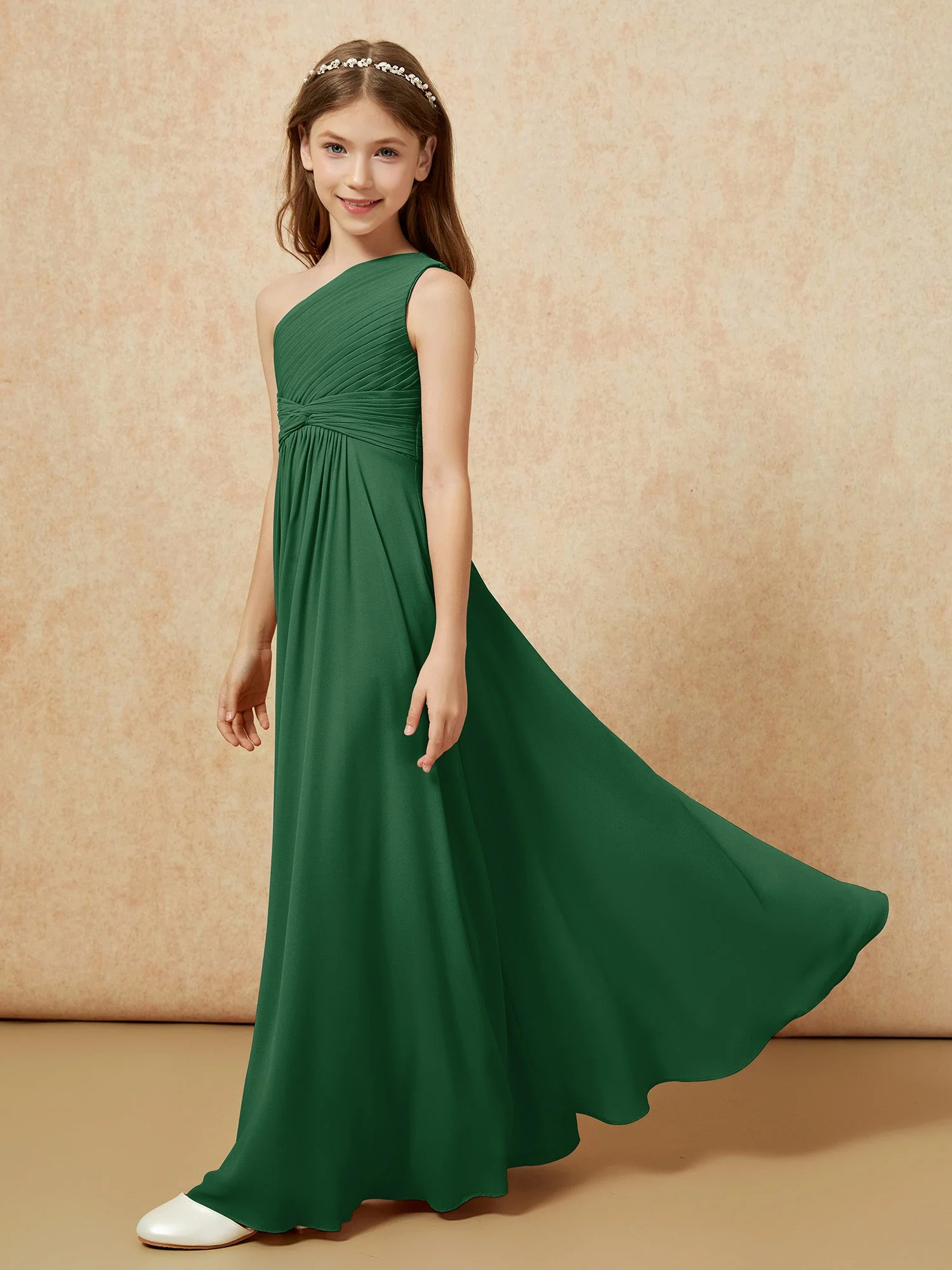 Chiffon Plissee Junge Brautjungfernkleid mit Schulterteil Dunkelgrün - Image 3
