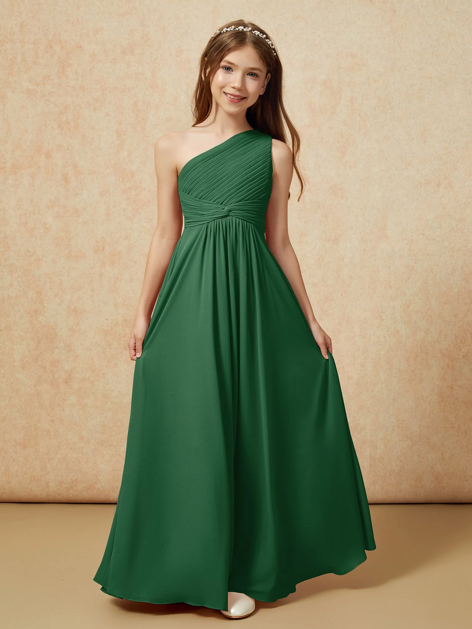 Chiffon Plissee Junge Brautjungfernkleid mit Schulterteil Dunkelgrün - Image 4