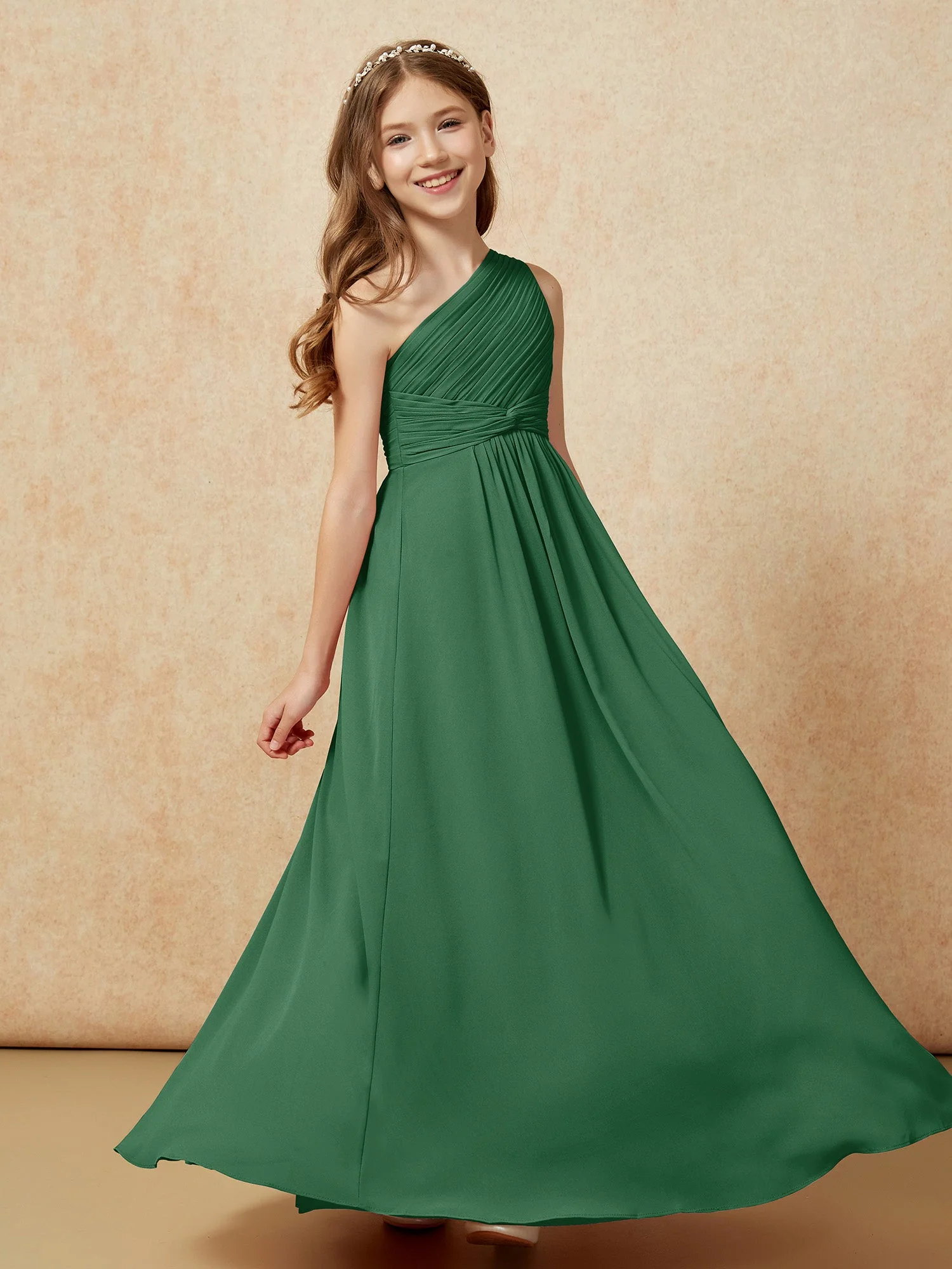 Chiffon Plissee Junge Brautjungfernkleid mit Schulterteil Dunkelgrün - Image 5