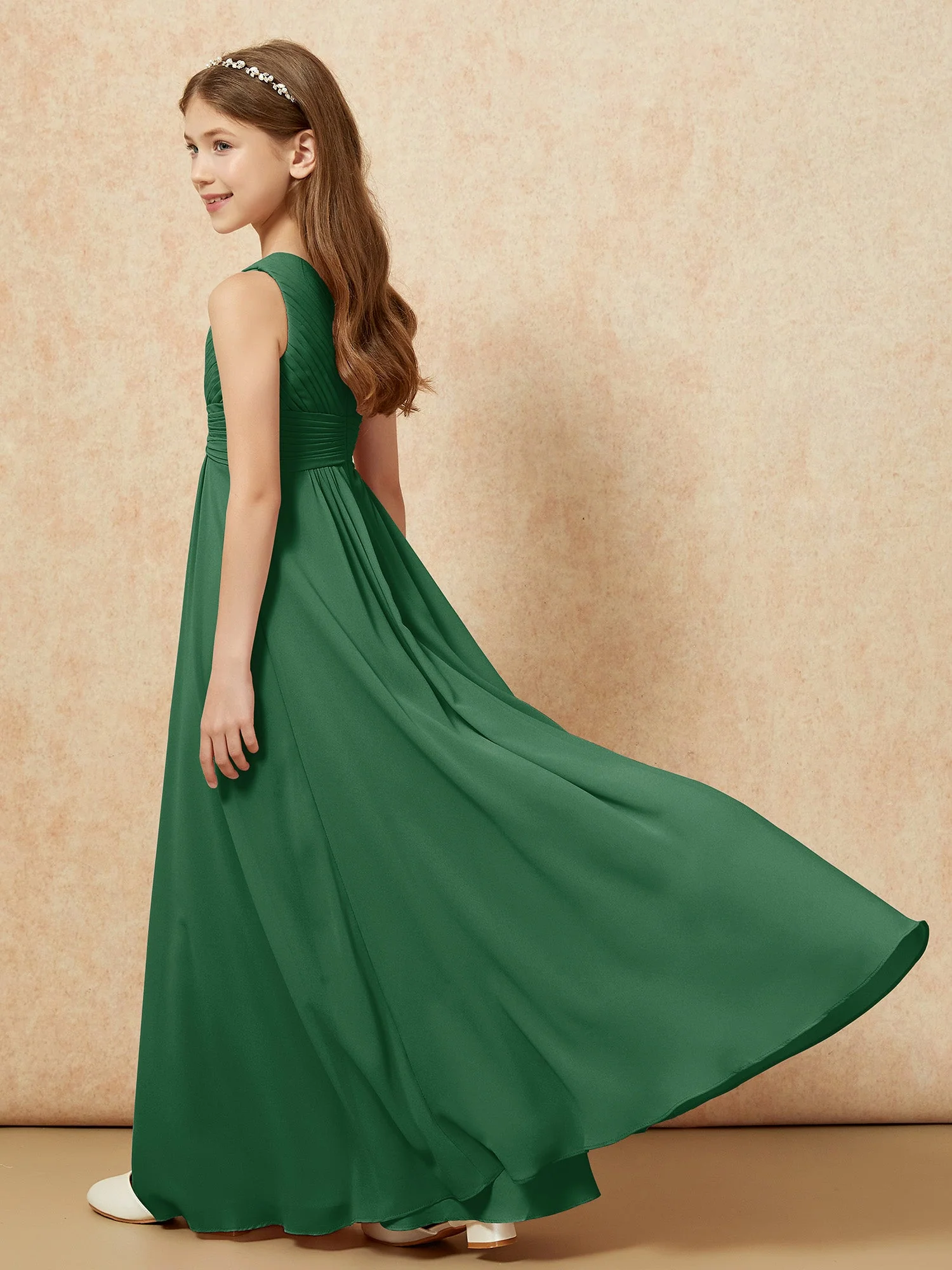 Chiffon Plissee Junge Brautjungfernkleid mit Schulterteil Dunkelgrün - Image 6