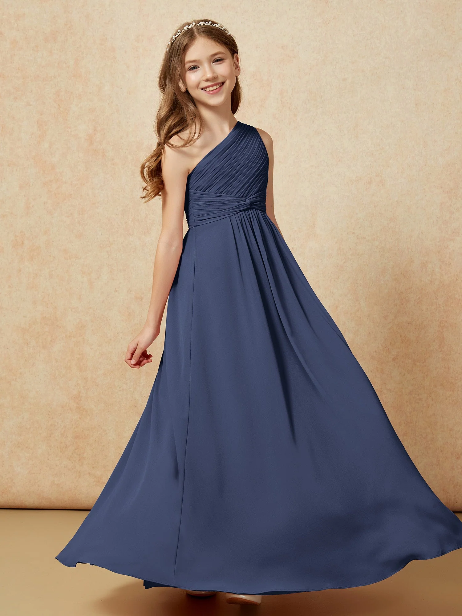Chiffon Plissee Junge Brautjungfernkleid mit Schulterteil Dunkelmarine - Image 5