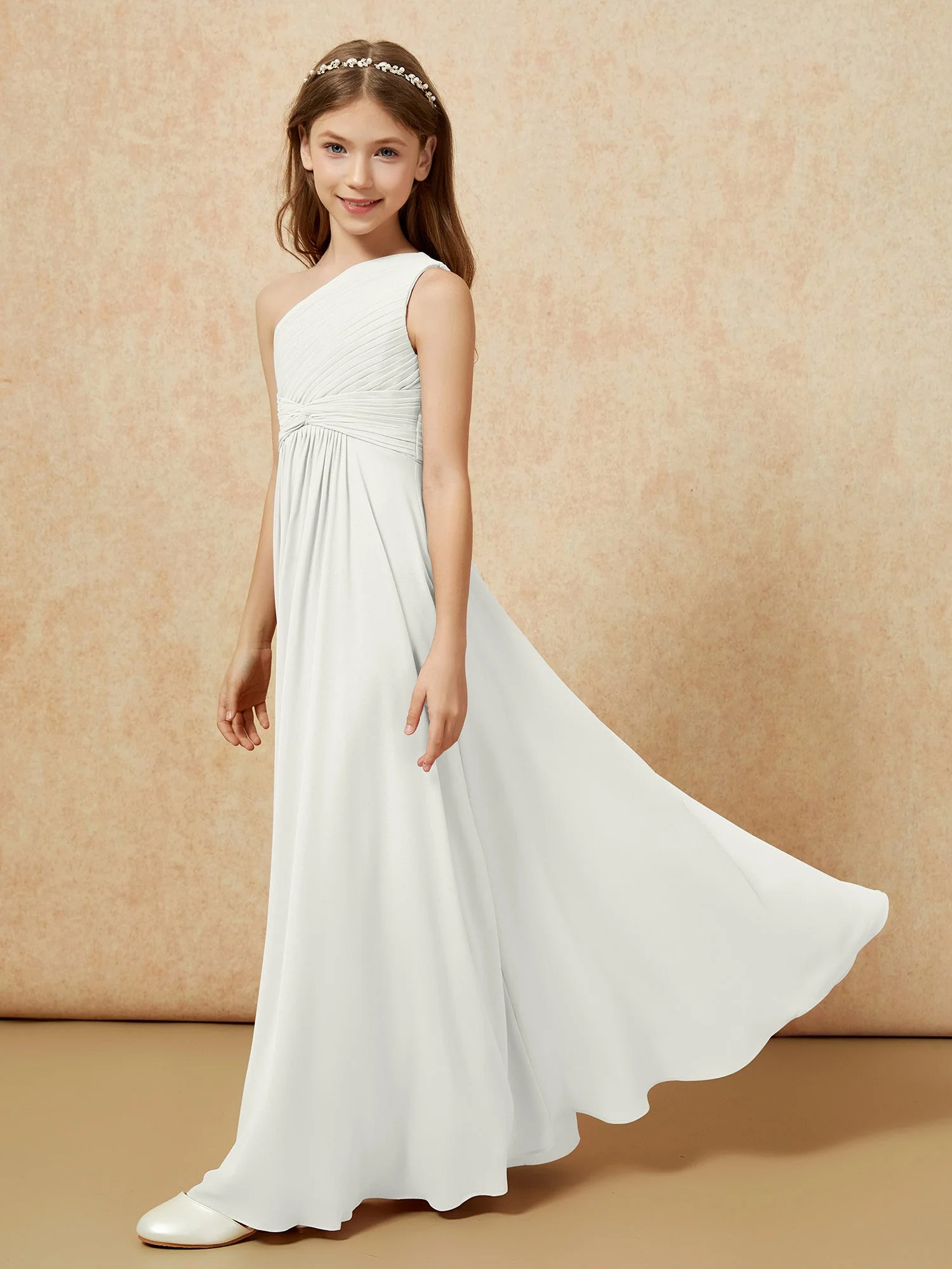 Chiffon Plissee Junge Brautjungfernkleid mit Schulterteil Elfenbein - Image 3