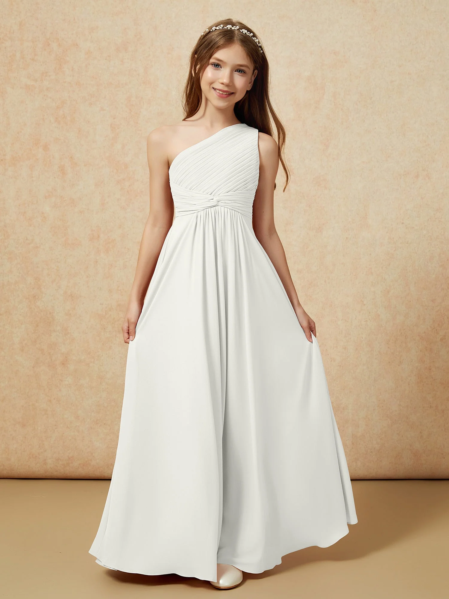 Chiffon Plissee Junge Brautjungfernkleid mit Schulterteil Elfenbein - Image 4