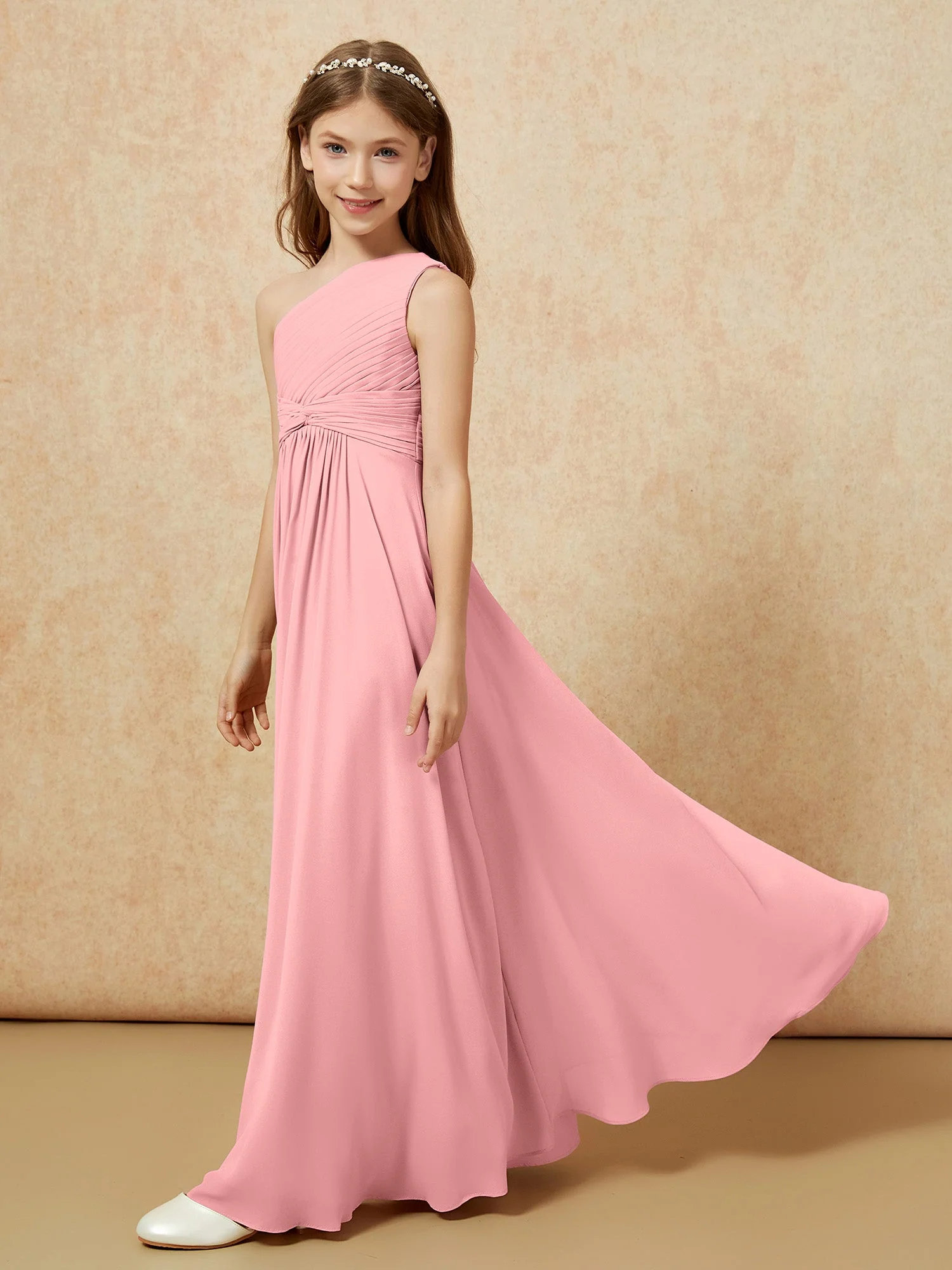 Chiffon Plissee Junge Brautjungfernkleid mit Schulterteil Flamingo - Image 3