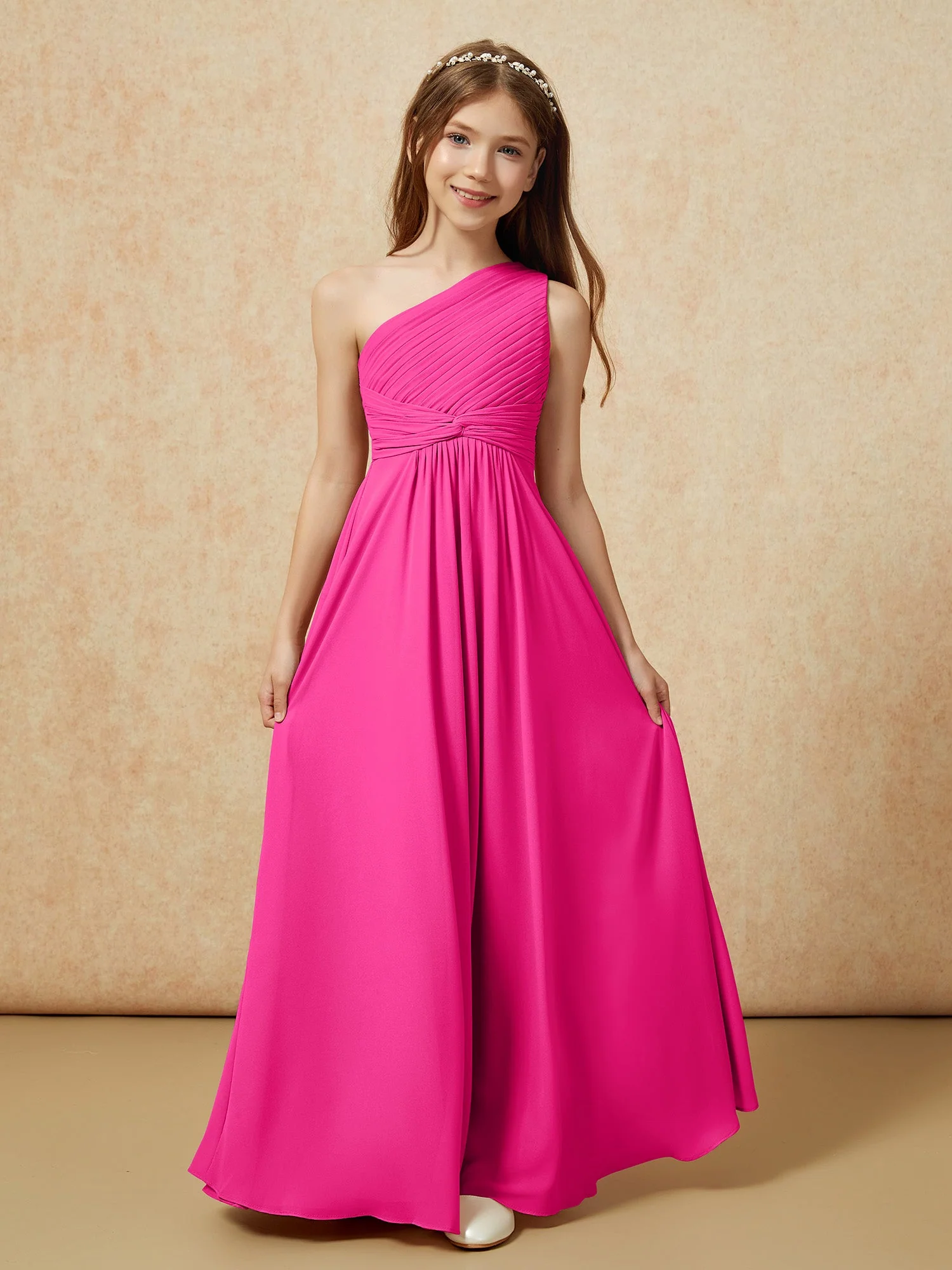 Chiffon Plissee Junge Brautjungfernkleid mit Schulterteil Fuchsia - Image 4