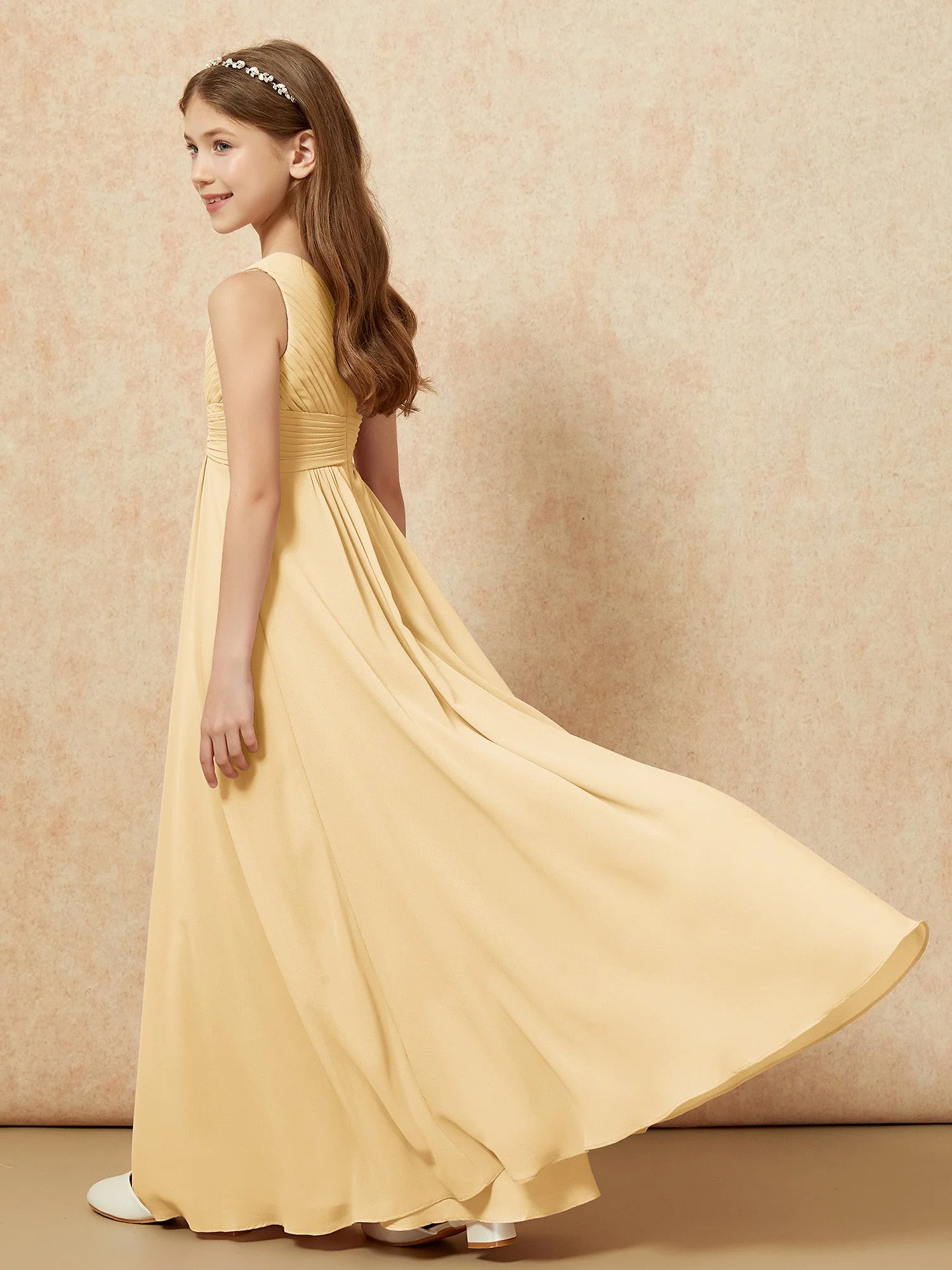 Chiffon Plissee Junge Brautjungfernkleid mit Schulterteil Gold - Image 6