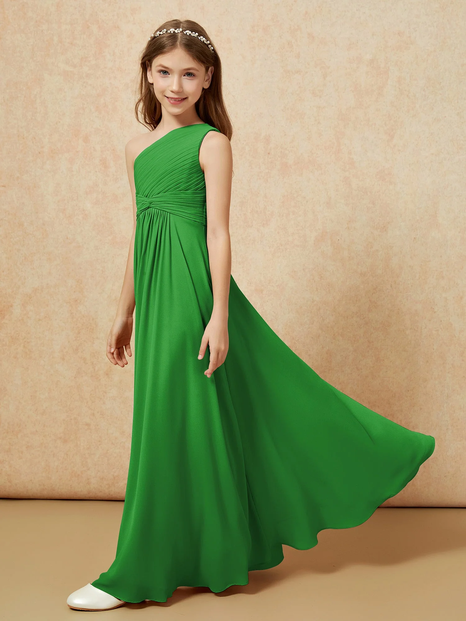 Chiffon Plissee Junge Brautjungfernkleid mit Schulterteil Grün - Image 3