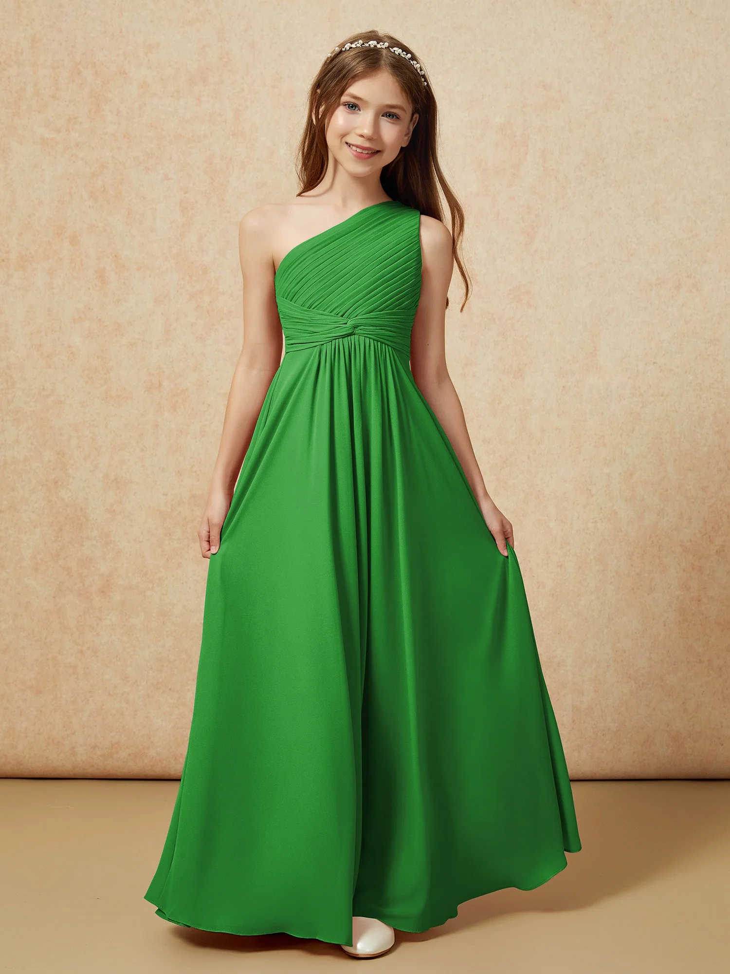 Chiffon Plissee Junge Brautjungfernkleid mit Schulterteil Grün - Image 4