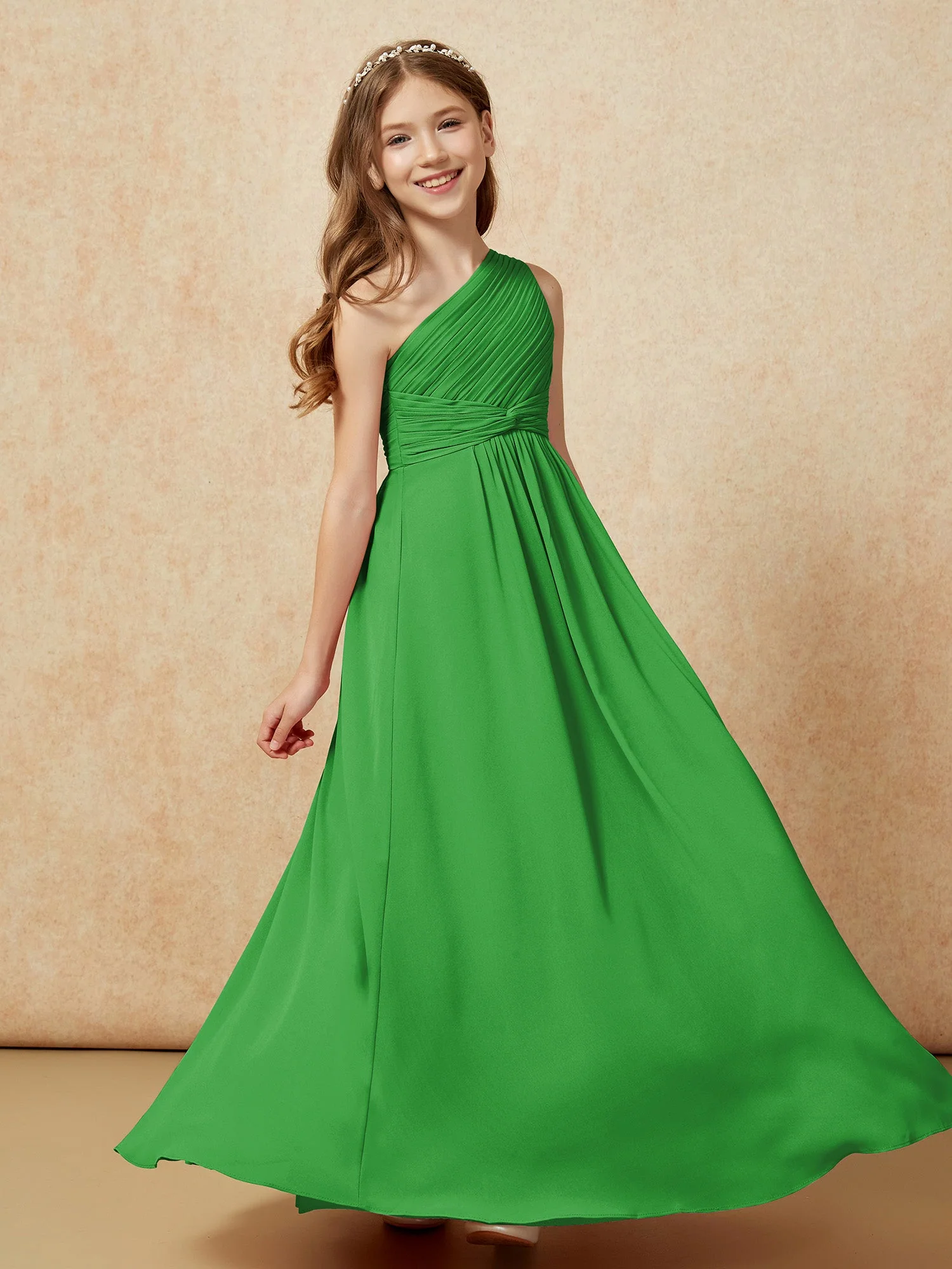 Chiffon Plissee Junge Brautjungfernkleid mit Schulterteil Grün - Image 5
