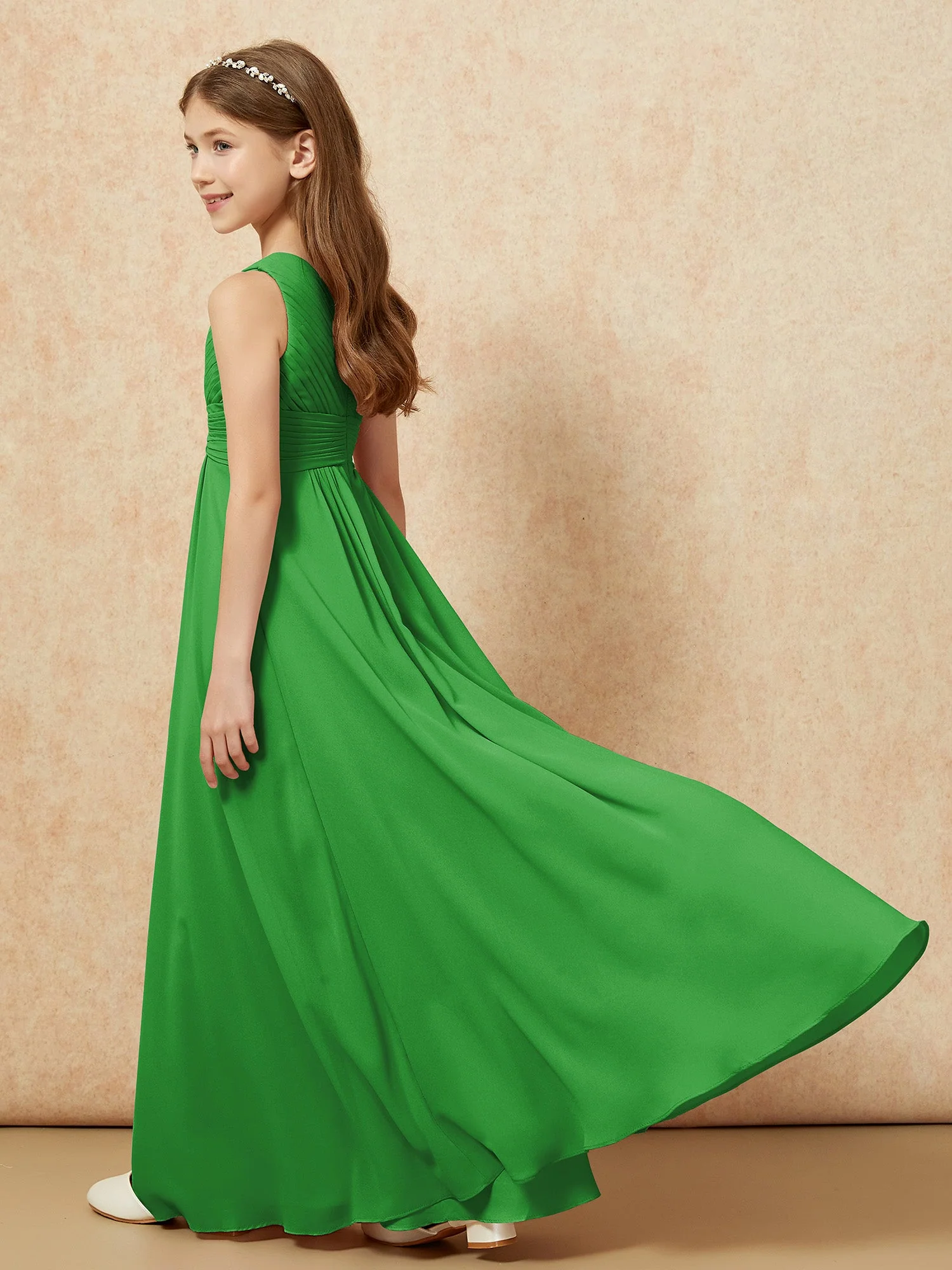 Chiffon Plissee Junge Brautjungfernkleid mit Schulterteil Grün - Image 6