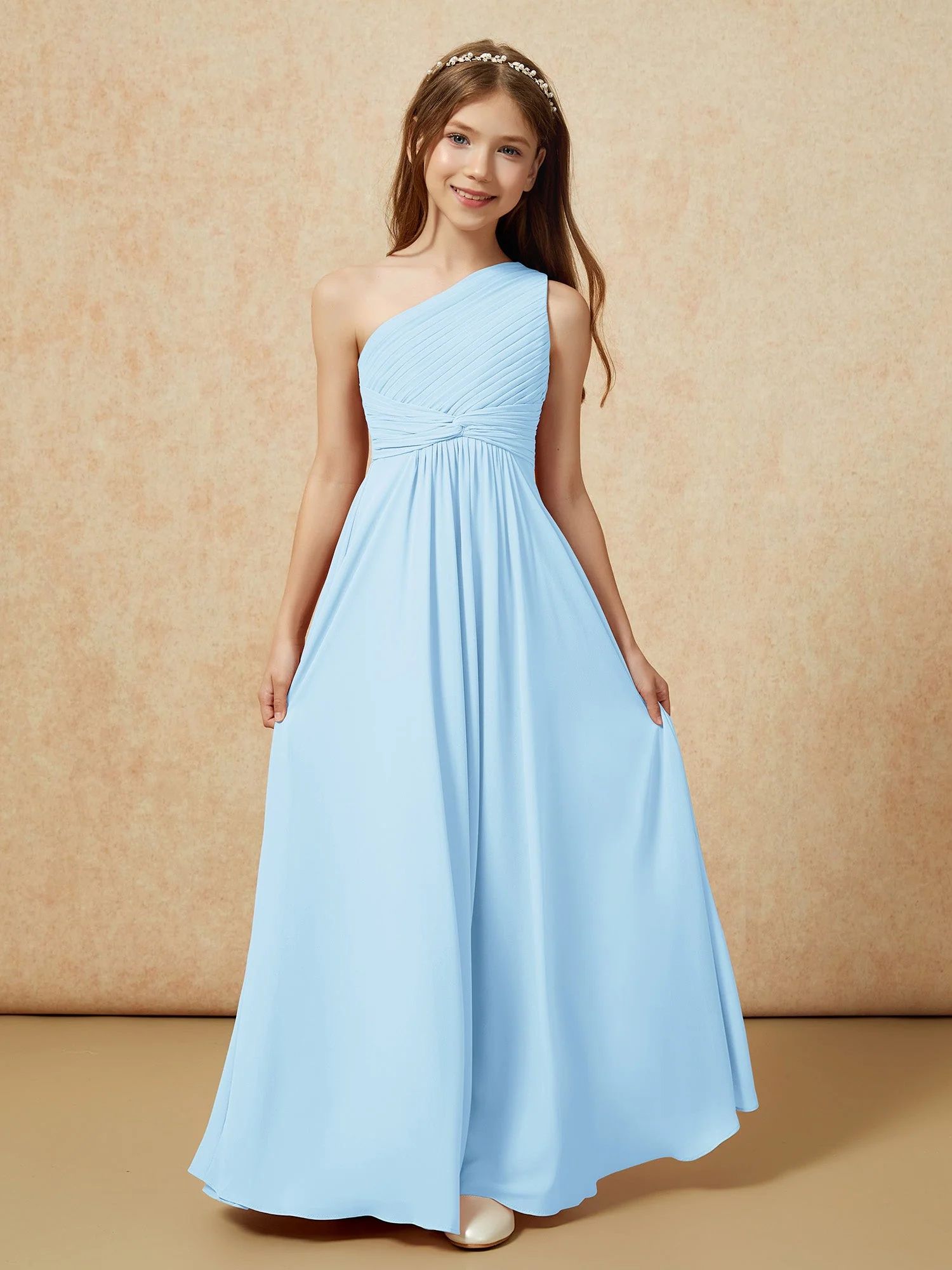 Chiffon Plissee Junge Brautjungfernkleid mit Schulterteil Himmelblau - Image 4