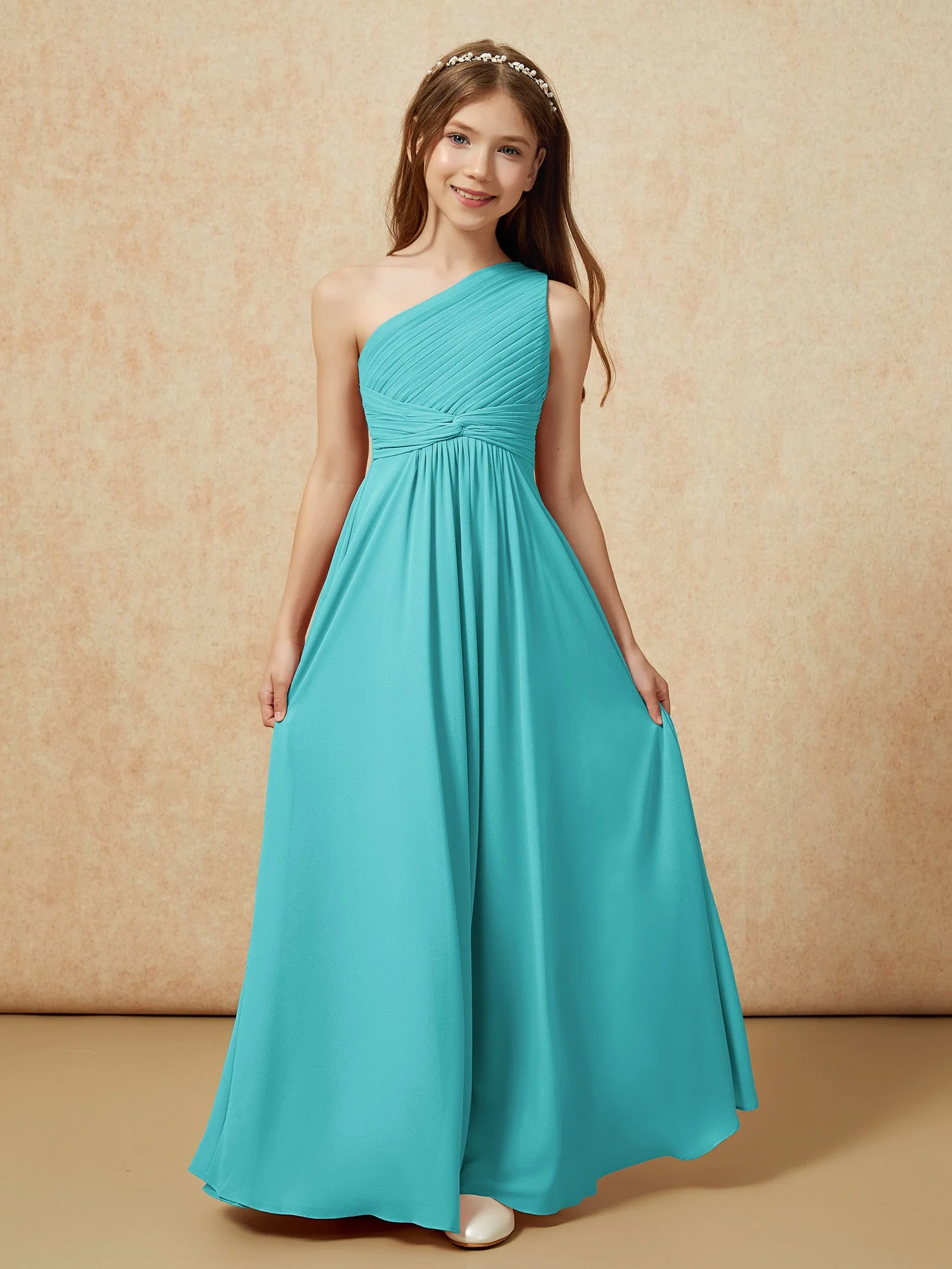 Chiffon Plissee Junge Brautjungfernkleid mit Schulterteil Jade - Image 4