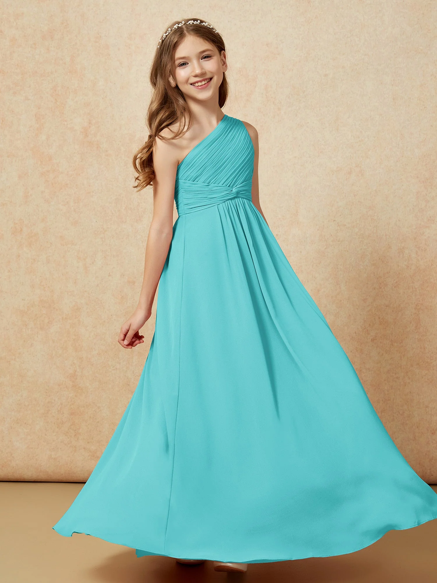 Chiffon Plissee Junge Brautjungfernkleid mit Schulterteil Jade - Image 5