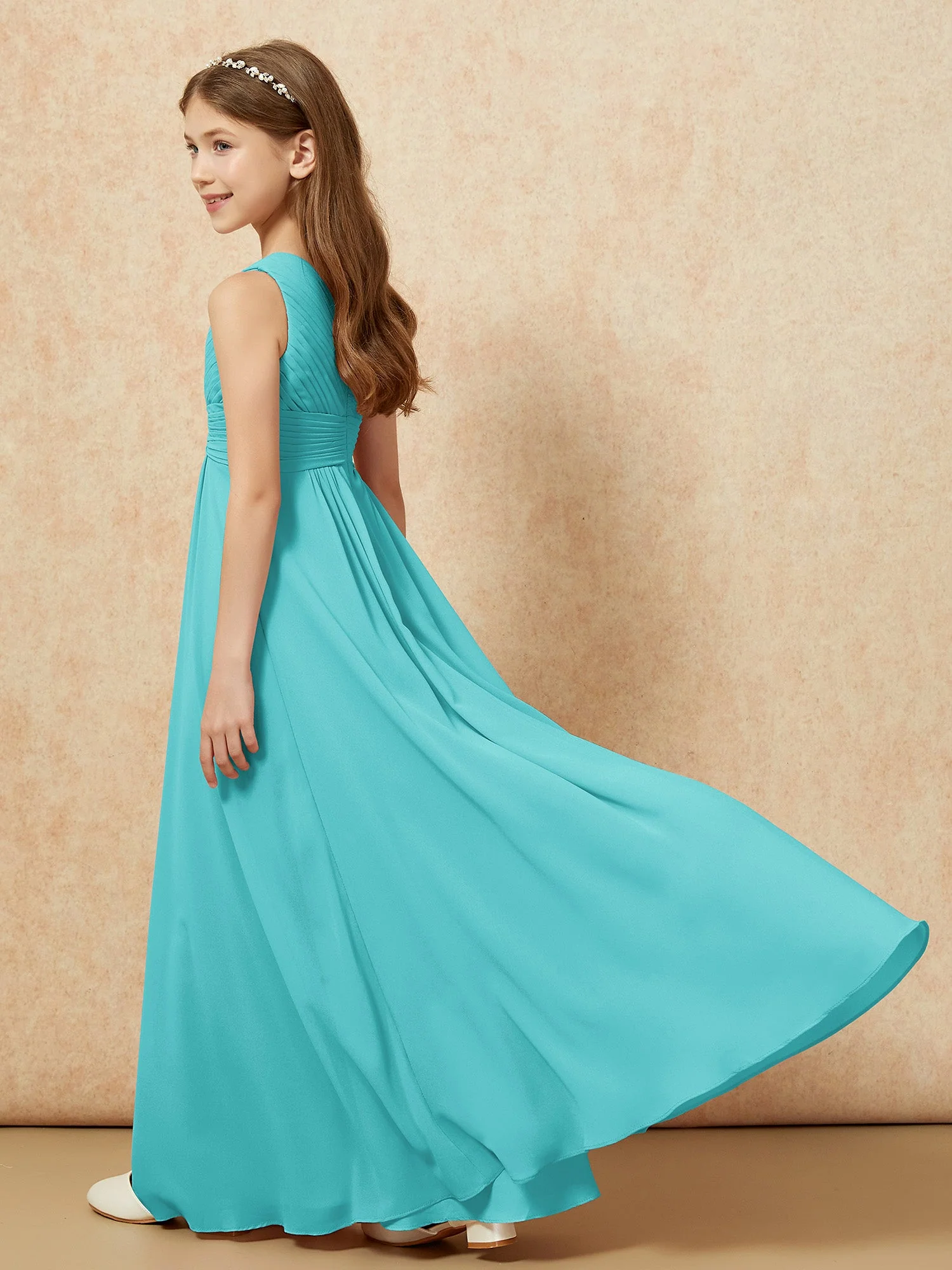 Chiffon Plissee Junge Brautjungfernkleid mit Schulterteil Jade - Image 6