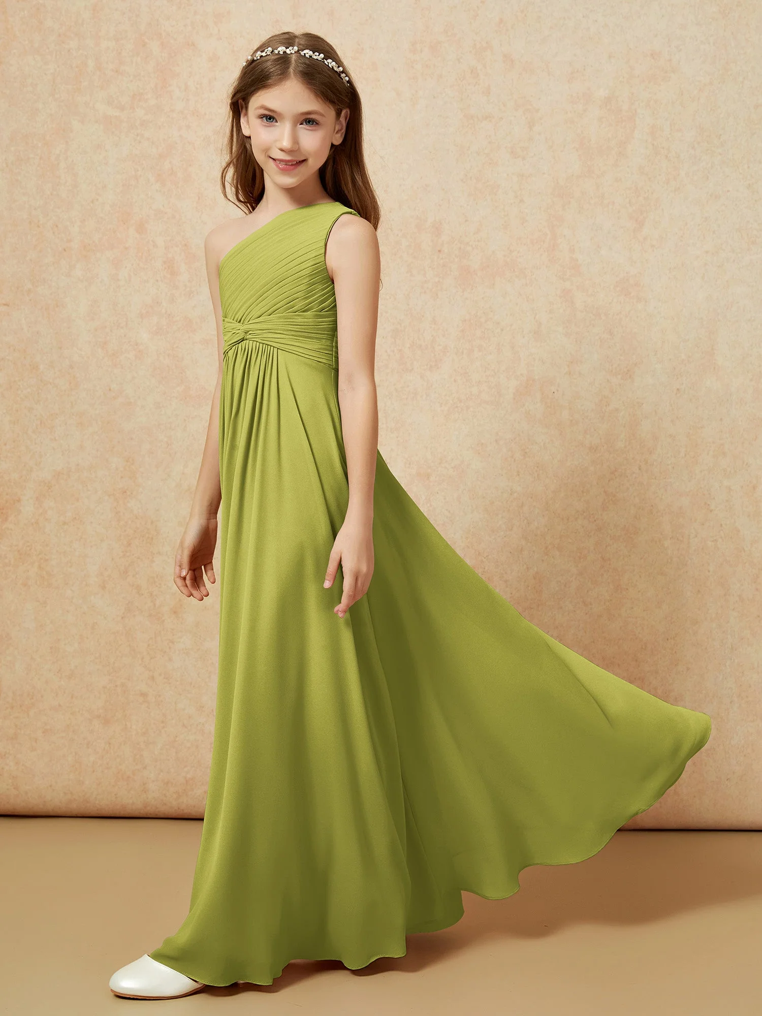 Chiffon Plissee Junge Brautjungfernkleid mit Schulterteil Kleegrün - Image 3