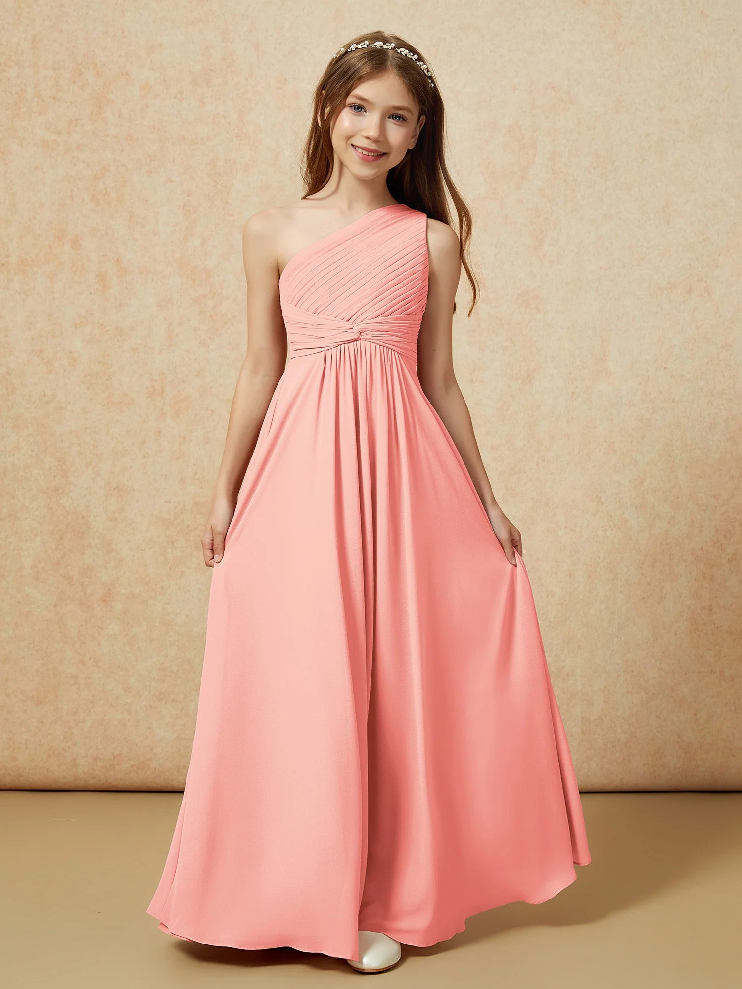 Chiffon Plissee Junge Brautjungfernkleid mit Schulterteil Koralle - Image 4