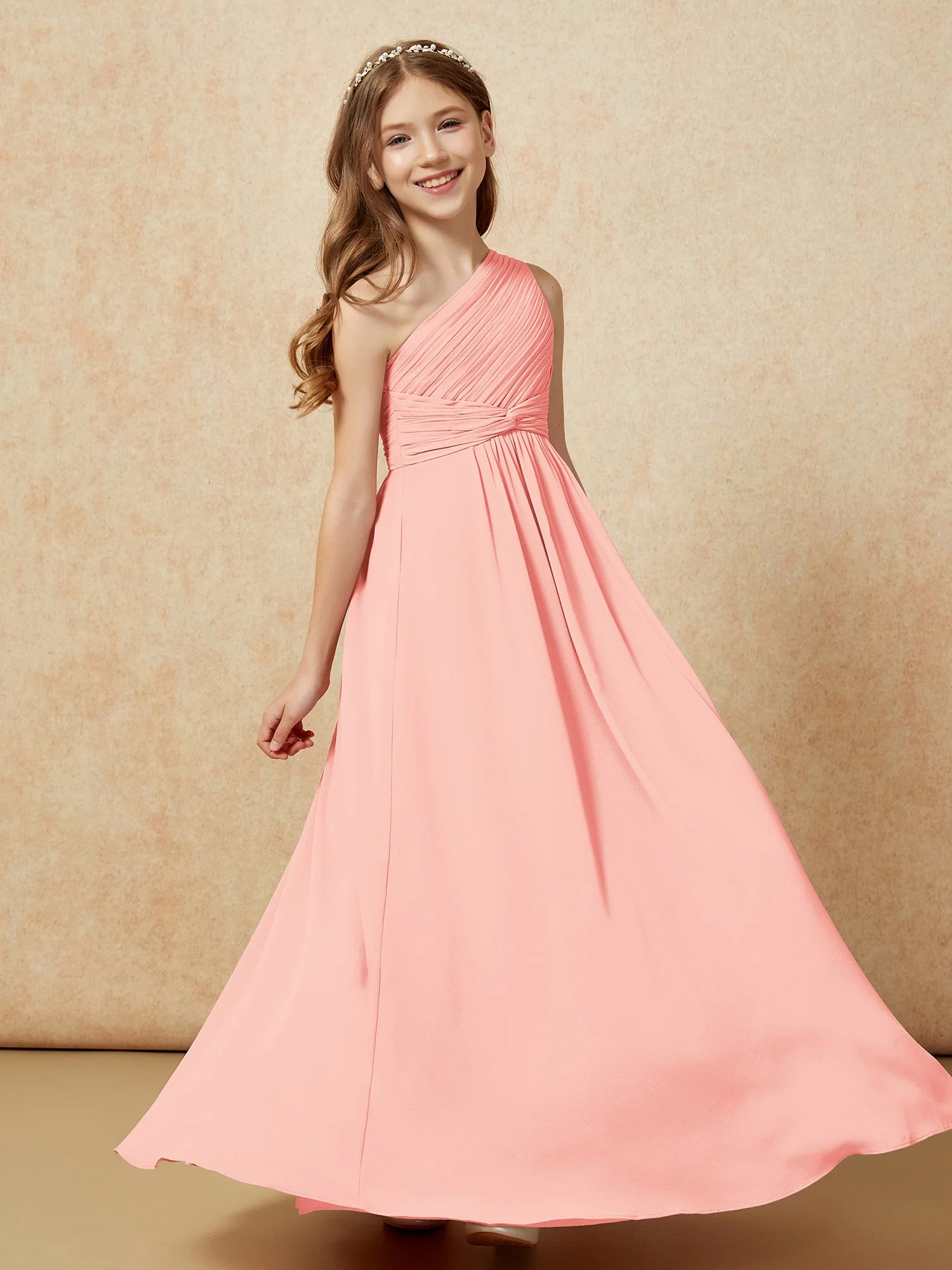 Chiffon Plissee Junge Brautjungfernkleid mit Schulterteil Koralle - Image 5