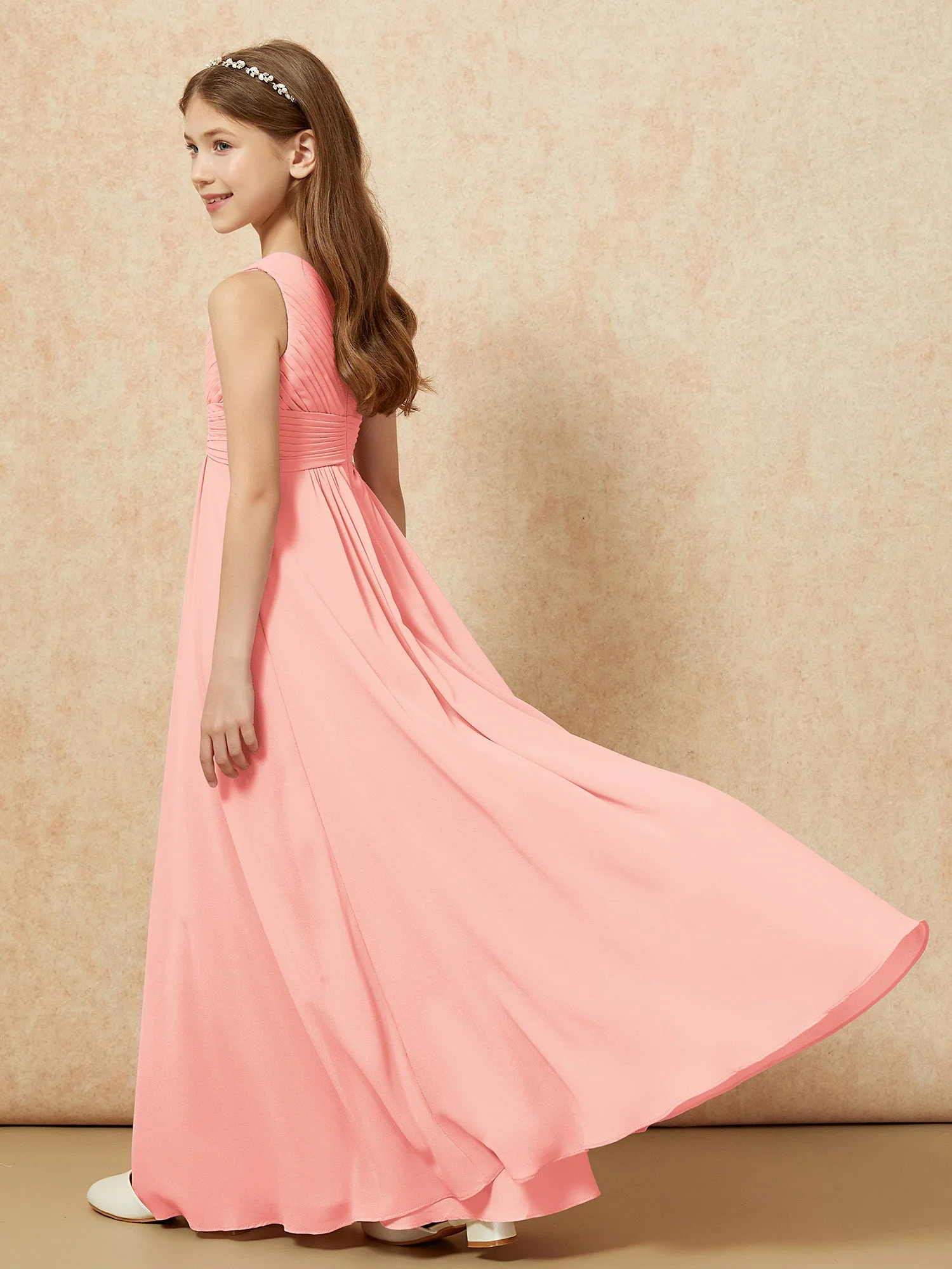 Chiffon Plissee Junge Brautjungfernkleid mit Schulterteil Koralle - Image 6