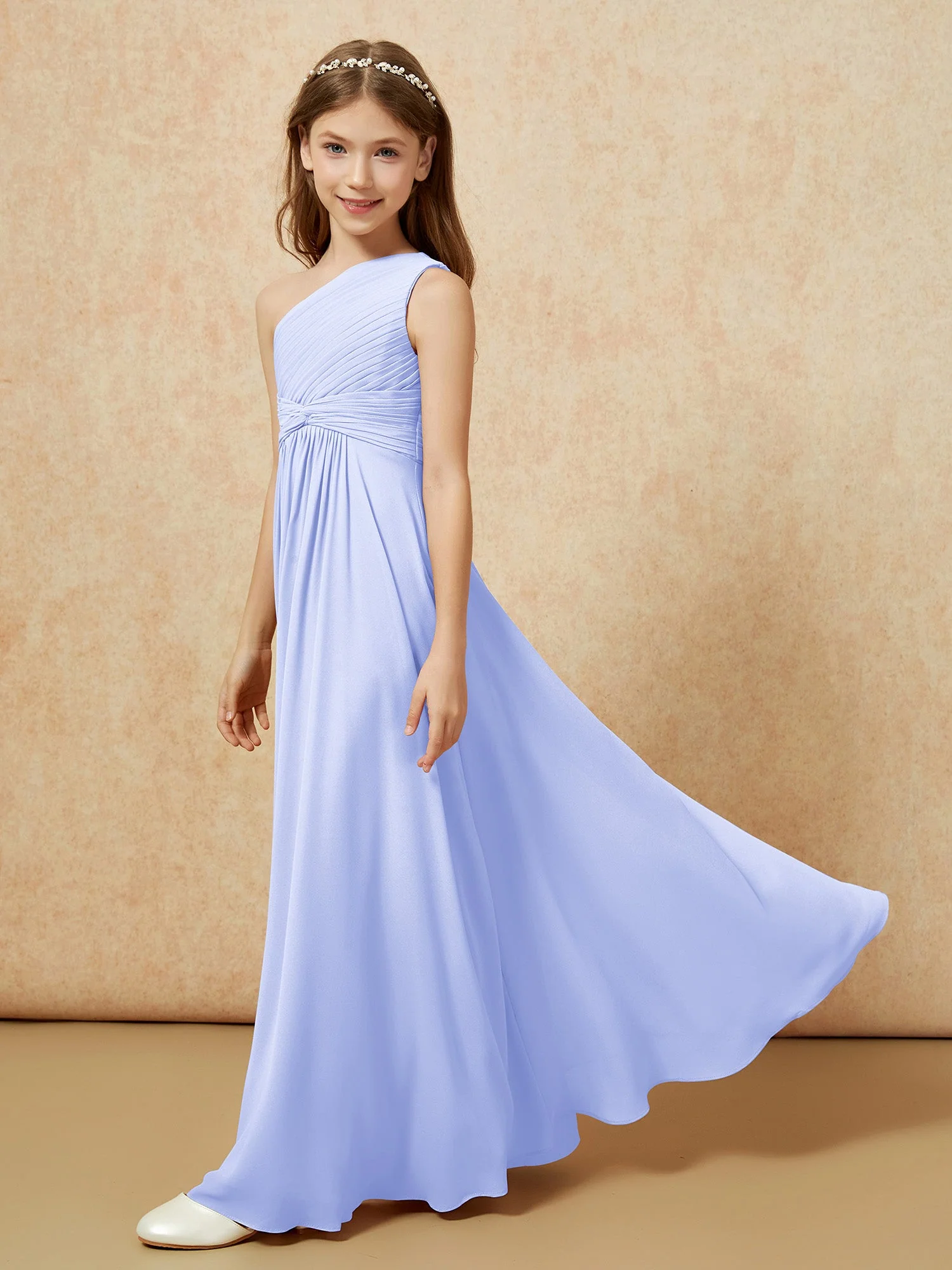 Chiffon Plissee Junge Brautjungfernkleid mit Schulterteil Lavendel - Image 3