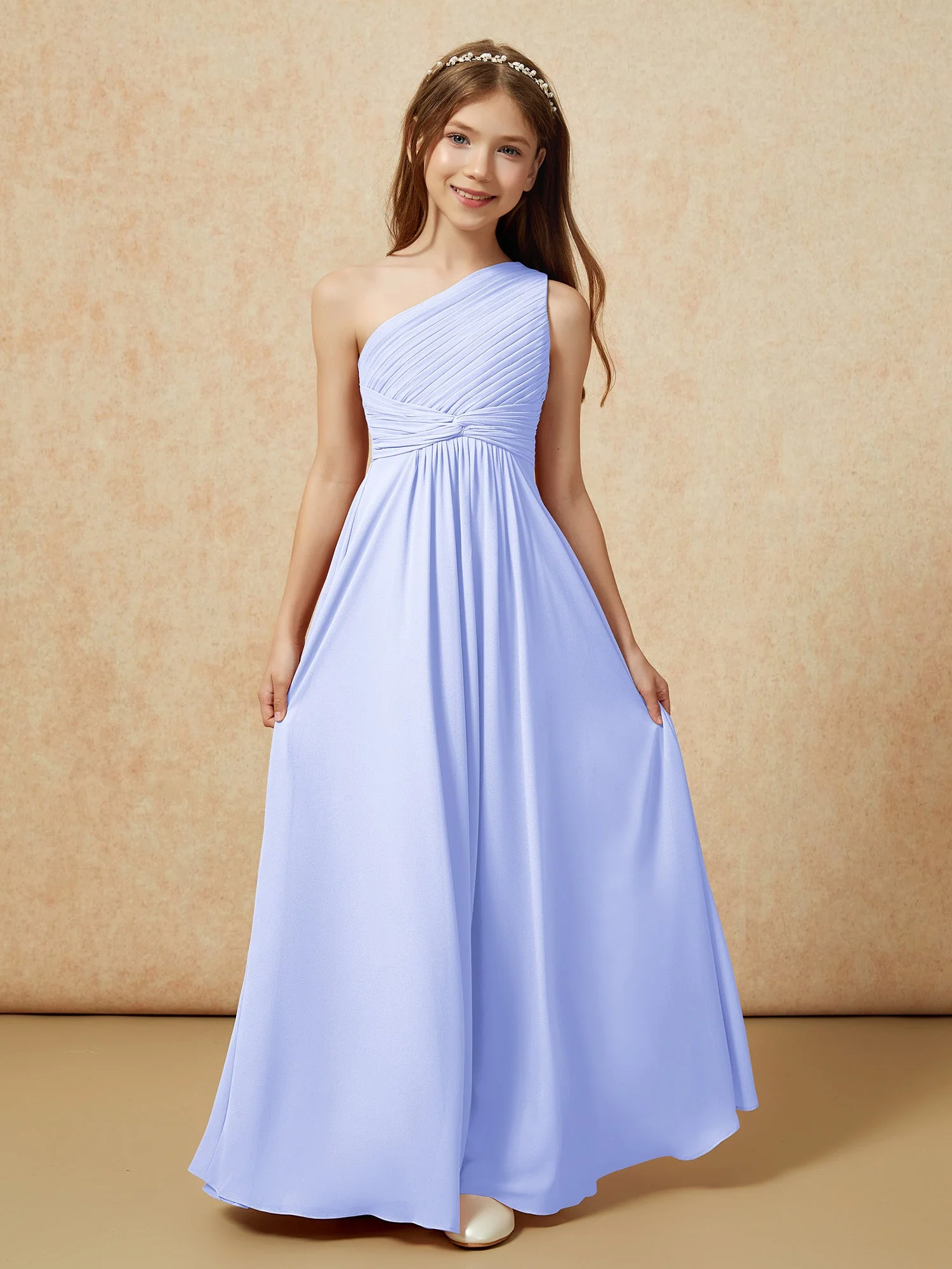 Chiffon Plissee Junge Brautjungfernkleid mit Schulterteil Lavendel - Image 4