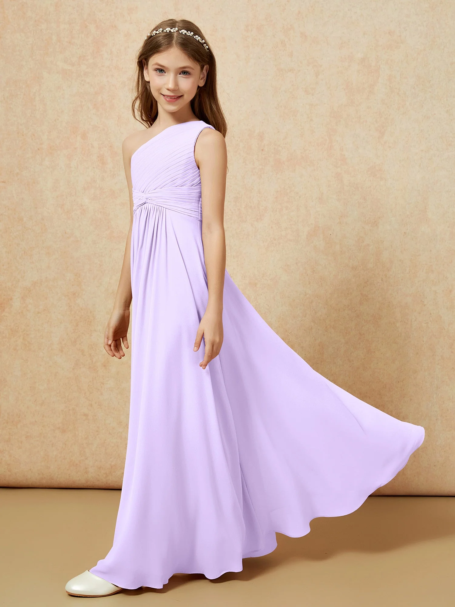 Chiffon Plissee Junge Brautjungfernkleid mit Schulterteil Lila - Image 3