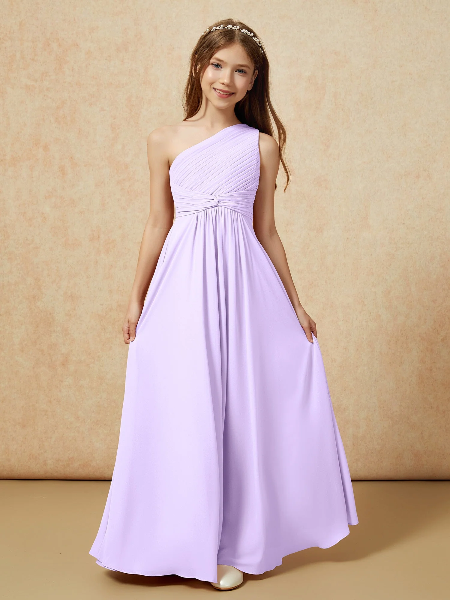 Chiffon Plissee Junge Brautjungfernkleid mit Schulterteil Lila - Image 4