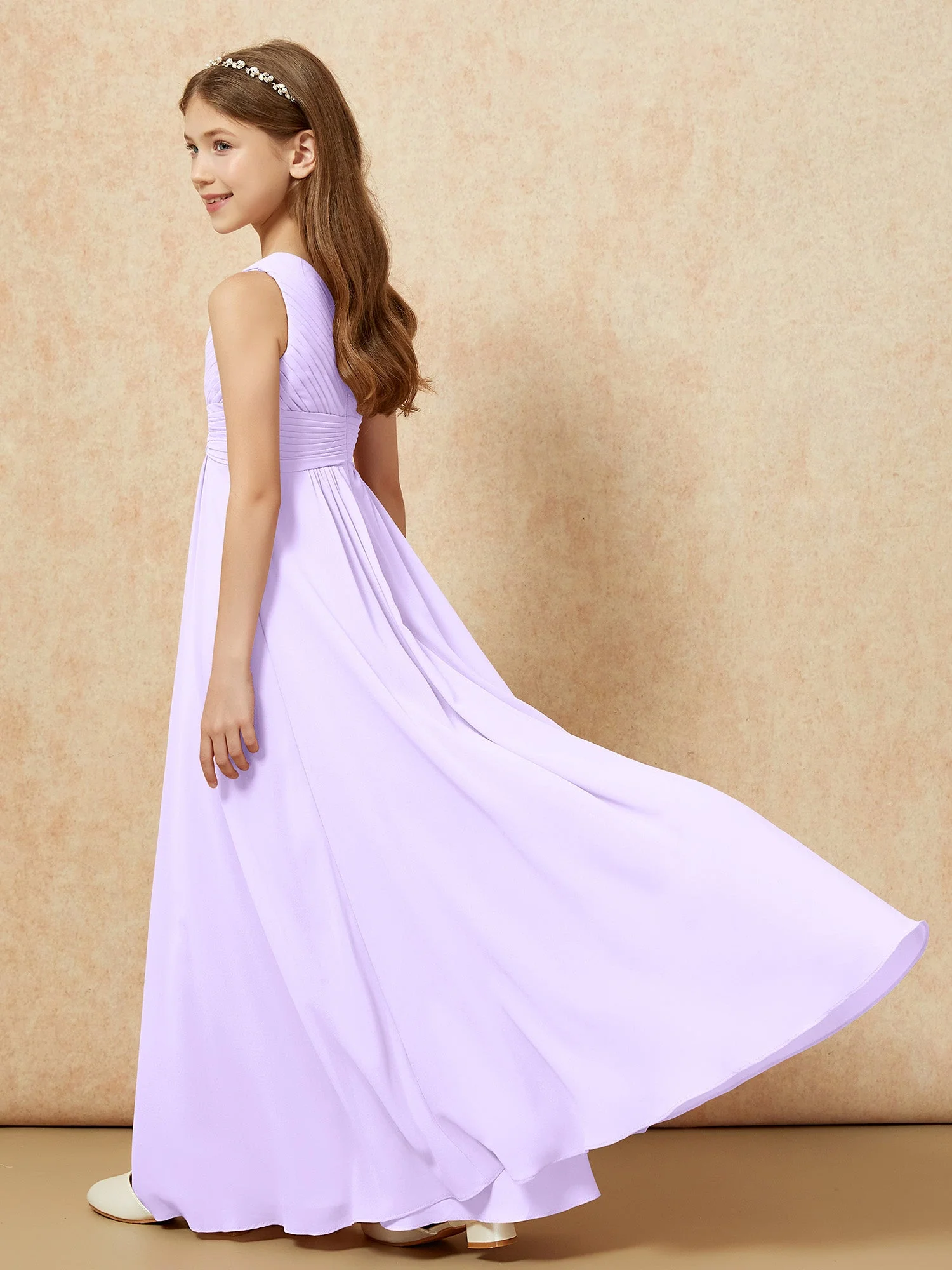 Chiffon Plissee Junge Brautjungfernkleid mit Schulterteil Lila - Image 6