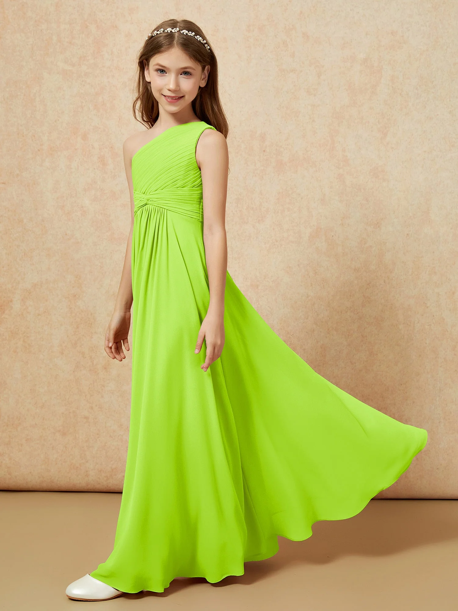 Chiffon Plissee Junge Brautjungfernkleid mit Schulterteil Lindgrün - Image 3