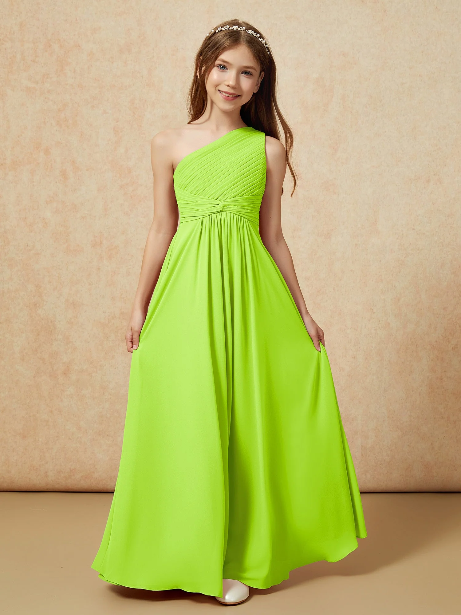 Chiffon Plissee Junge Brautjungfernkleid mit Schulterteil Lindgrün - Image 4