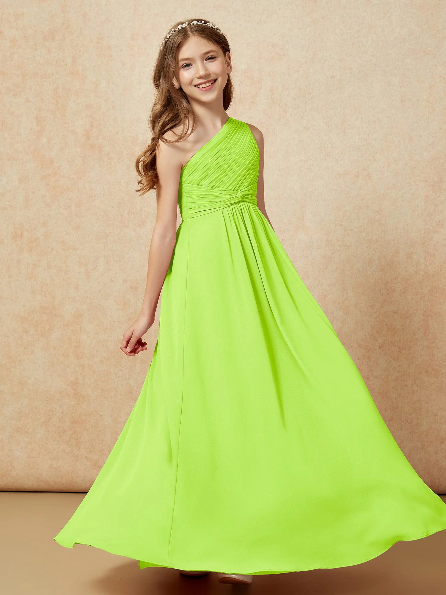 Chiffon Plissee Junge Brautjungfernkleid mit Schulterteil Lindgrün - Image 5