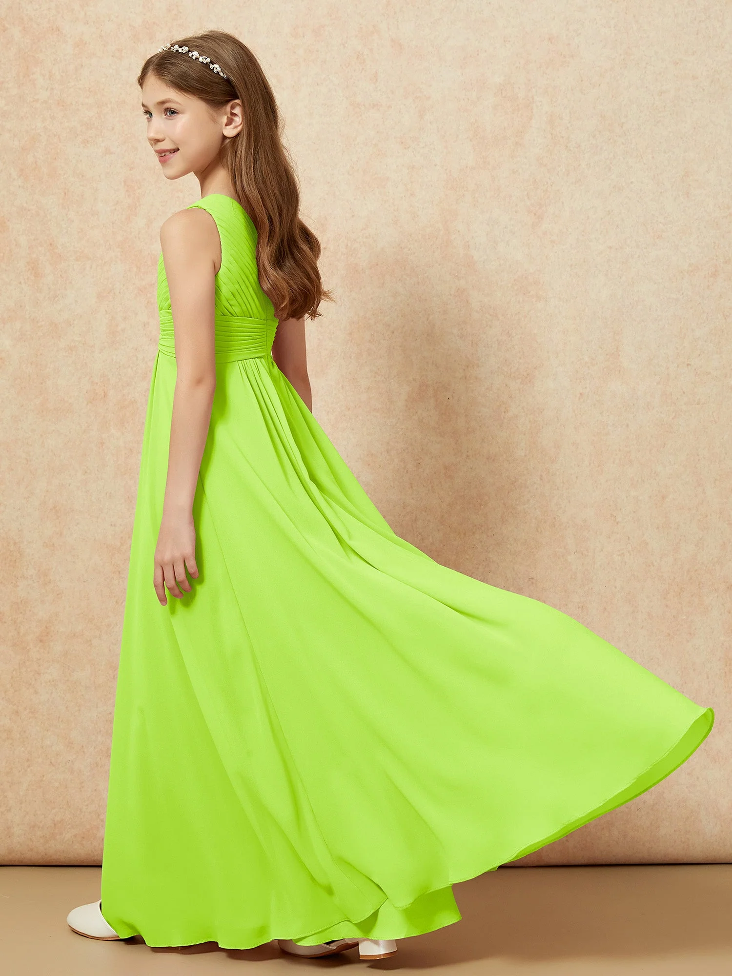Chiffon Plissee Junge Brautjungfernkleid mit Schulterteil Lindgrün - Image 6